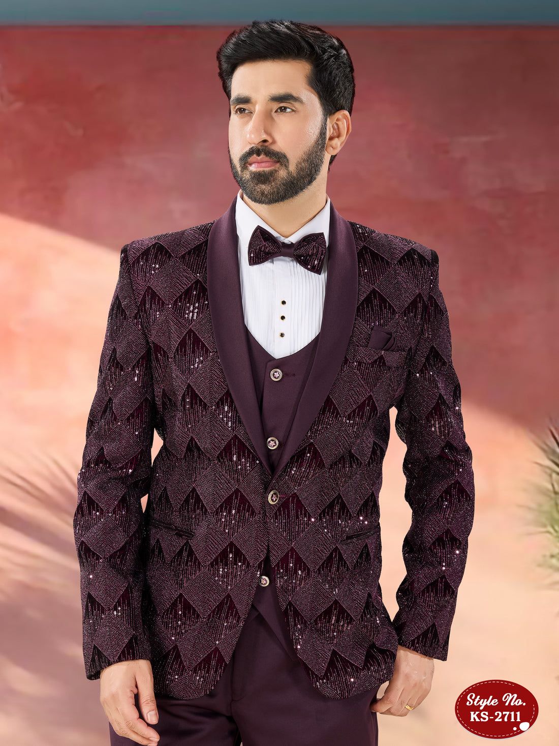 WINE VELVET 5 PC SUIT WITH HEAVY THREAD EMBROIDERY ALL-OVER