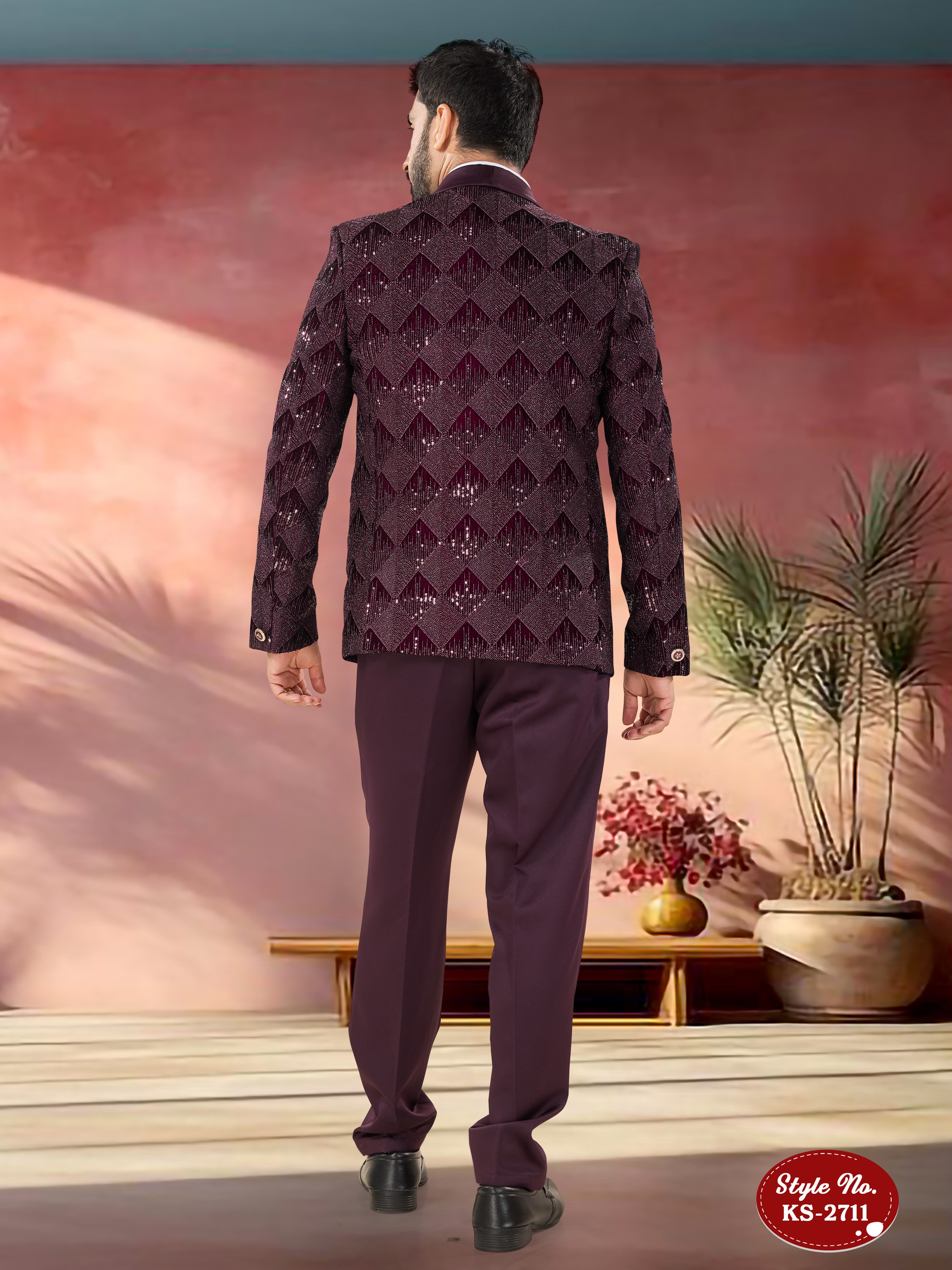 WINE VELVET 5 PC SUIT WITH HEAVY THREAD EMBROIDERY ALL-OVER