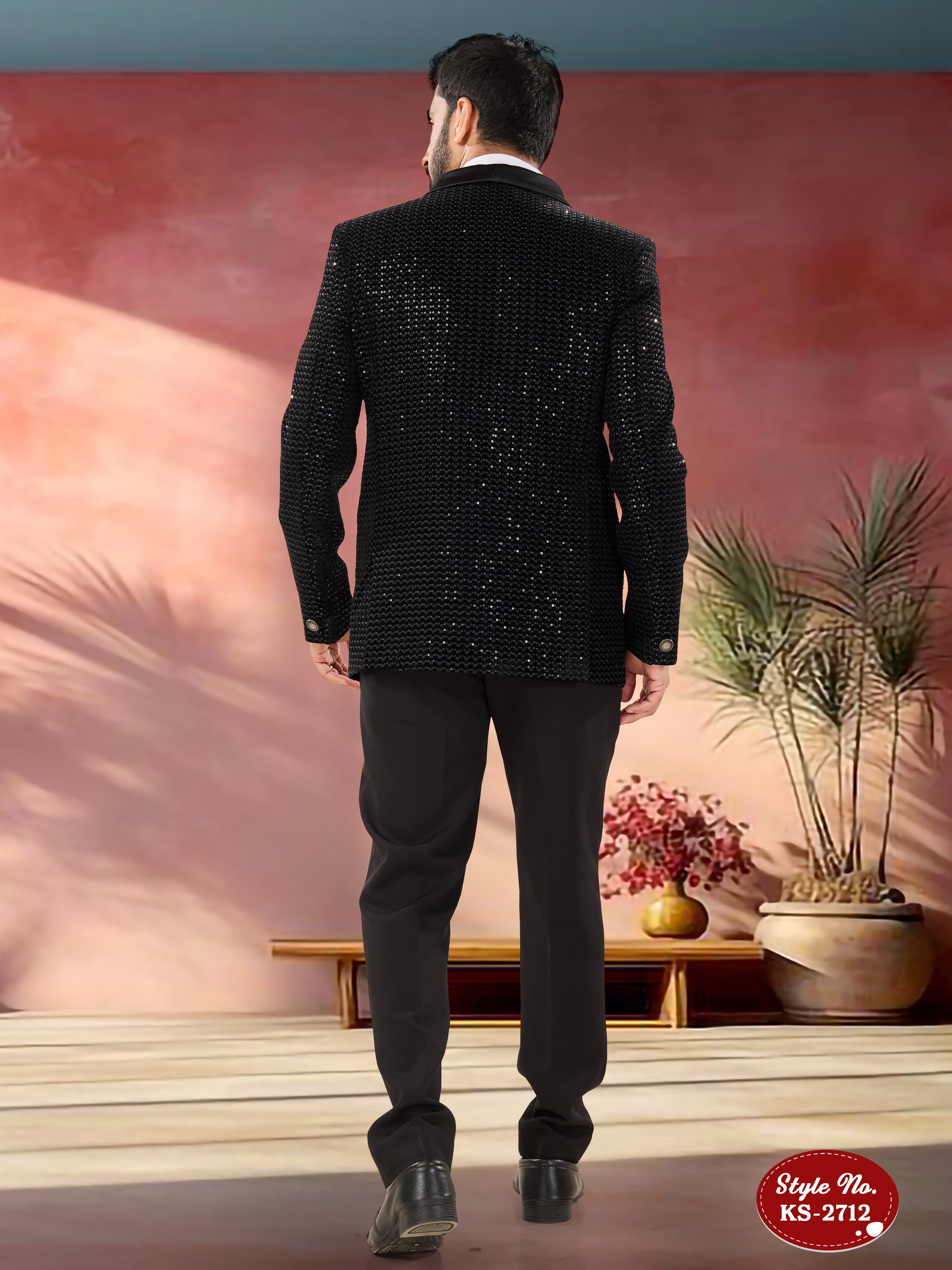 BLACK 5 PC SUIT IN VELVET WITH HEAVY THREAD EMBROIDERY ALL-OVER