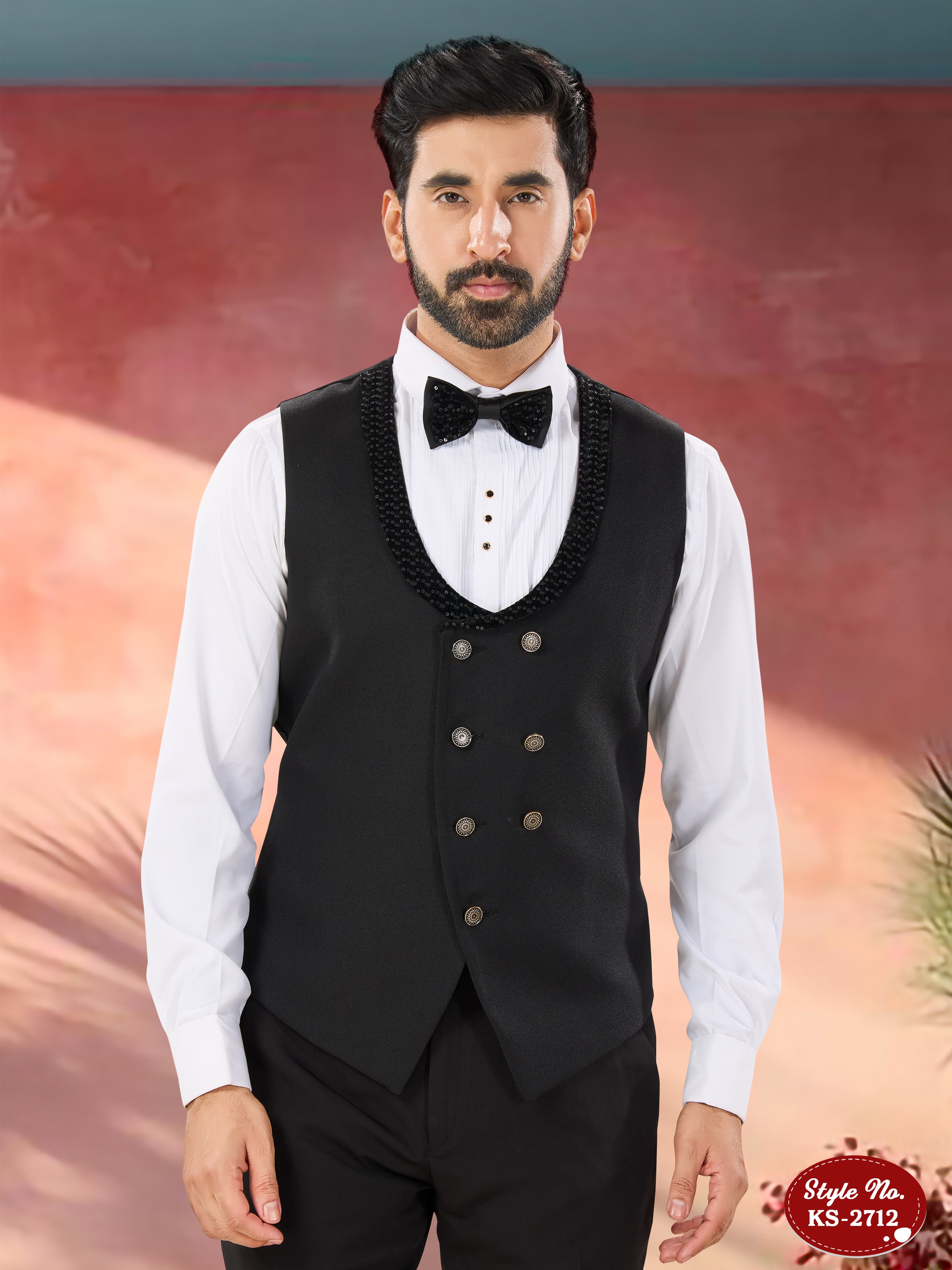 BLACK 5 PC SUIT IN VELVET WITH HEAVY THREAD EMBROIDERY ALL-OVER