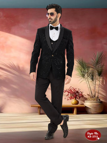 BLACK 5 PC SUIT IN VELVET WITH HEAVY THREAD EMBROIDERY ALL-OVER