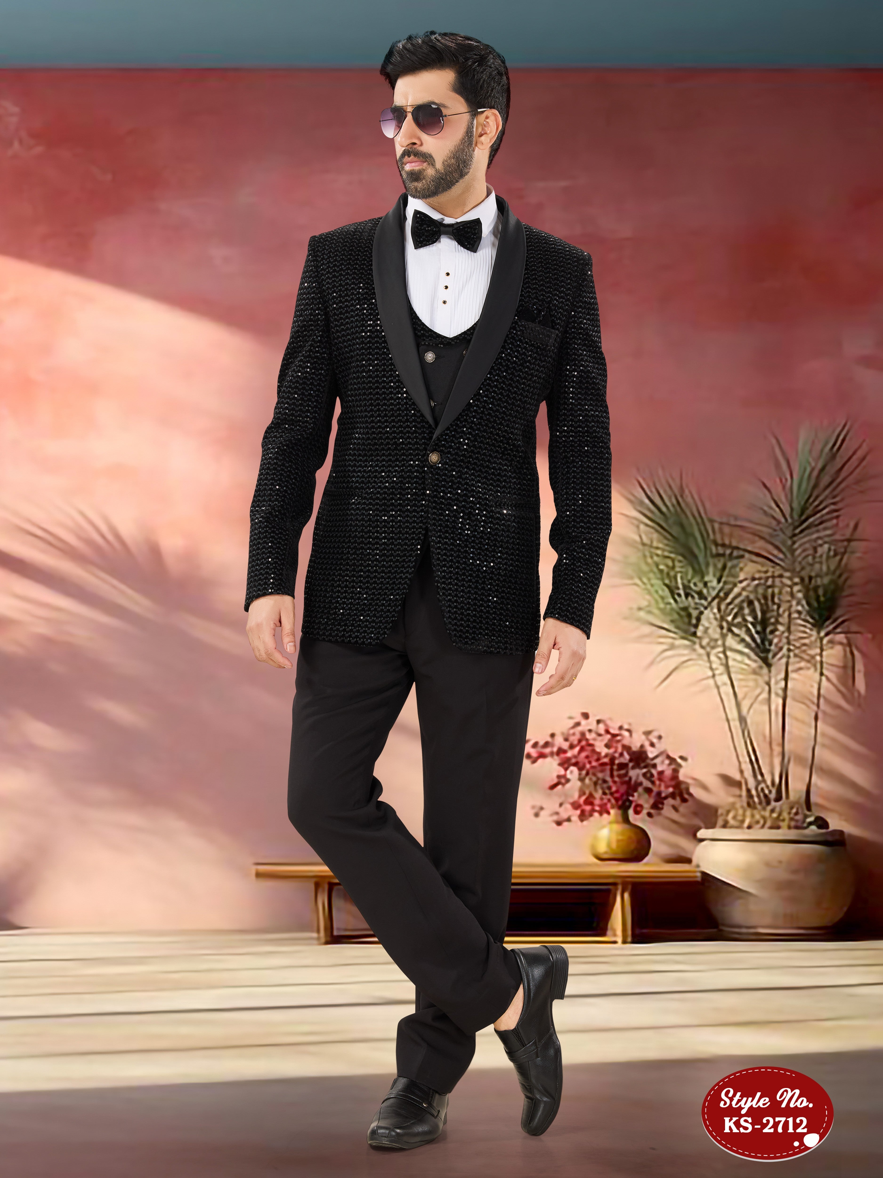 BLACK 5 PC SUIT IN VELVET WITH HEAVY THREAD EMBROIDERY ALL-OVER