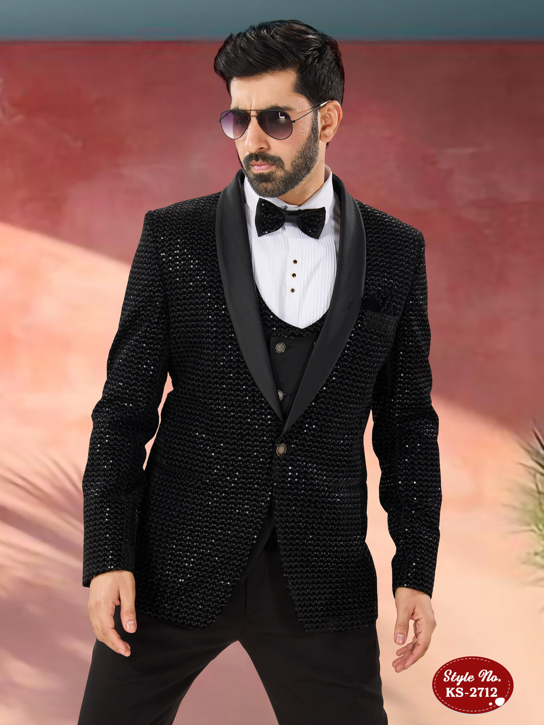 BLACK 5 PC SUIT IN VELVET WITH HEAVY THREAD EMBROIDERY ALL-OVER