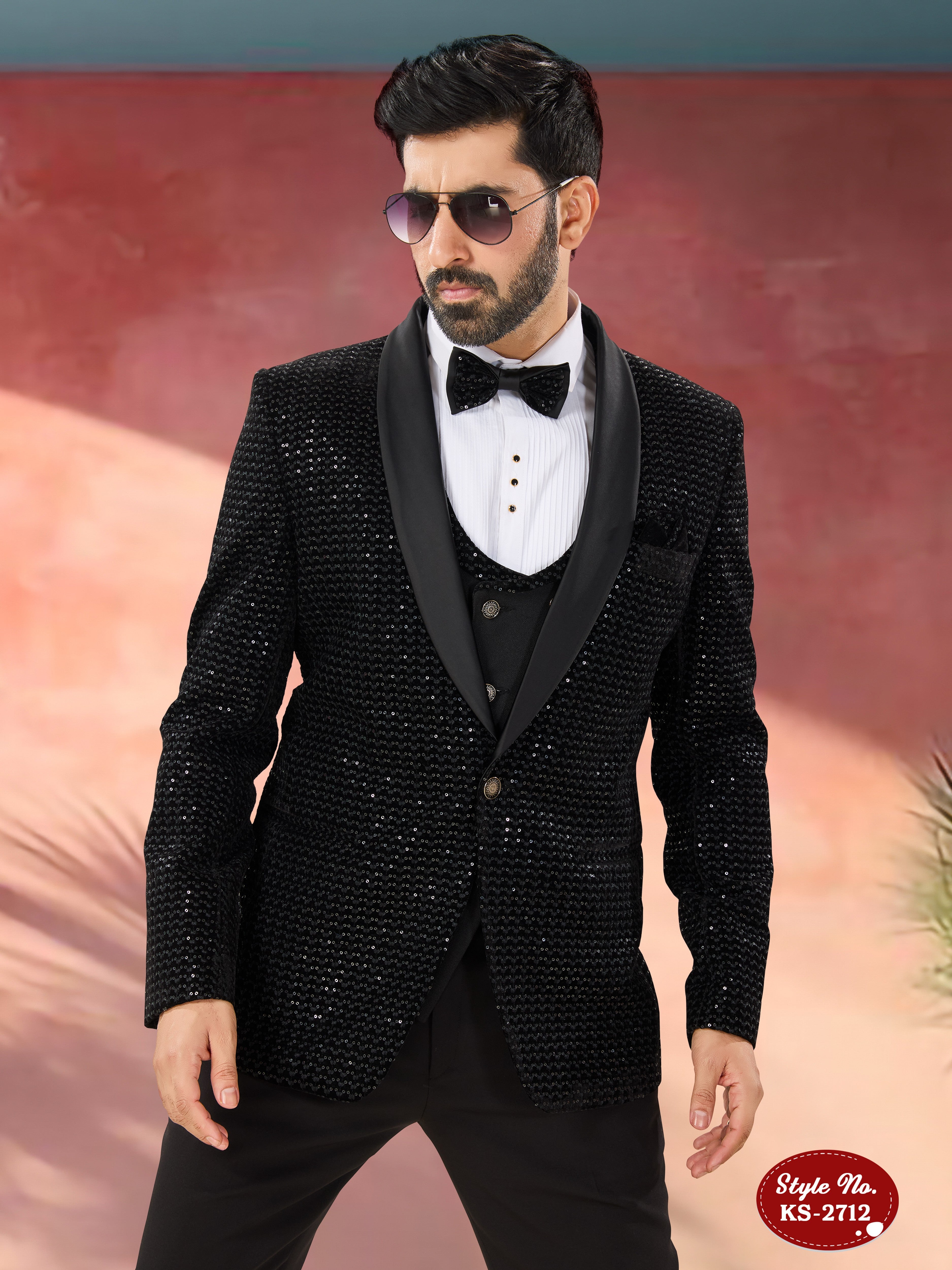BLACK 5 PC SUIT IN VELVET WITH HEAVY THREAD EMBROIDERY ALL-OVER