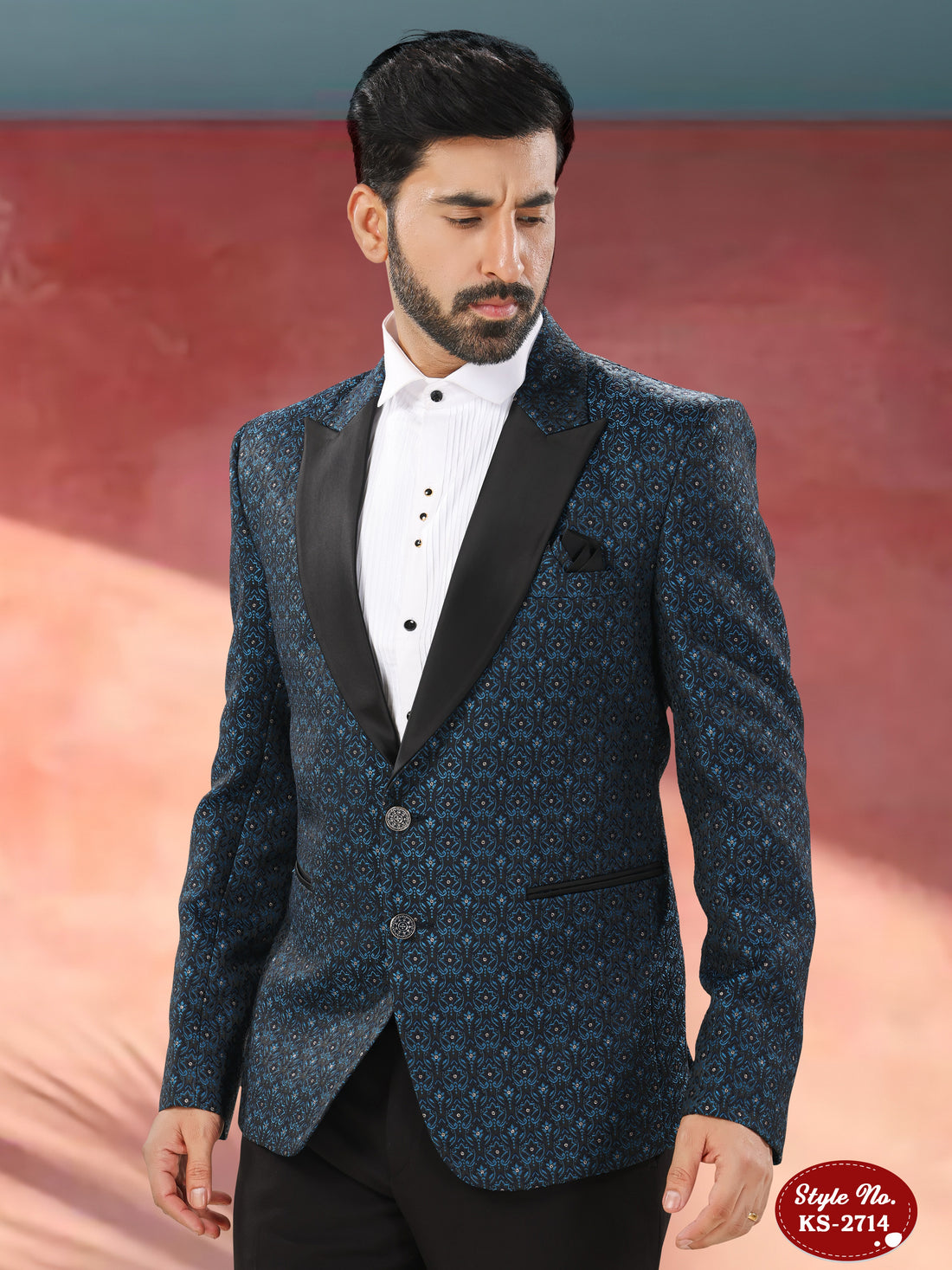 3 PC SUIT IN BLUE TONE WITH SELF-DESIGN