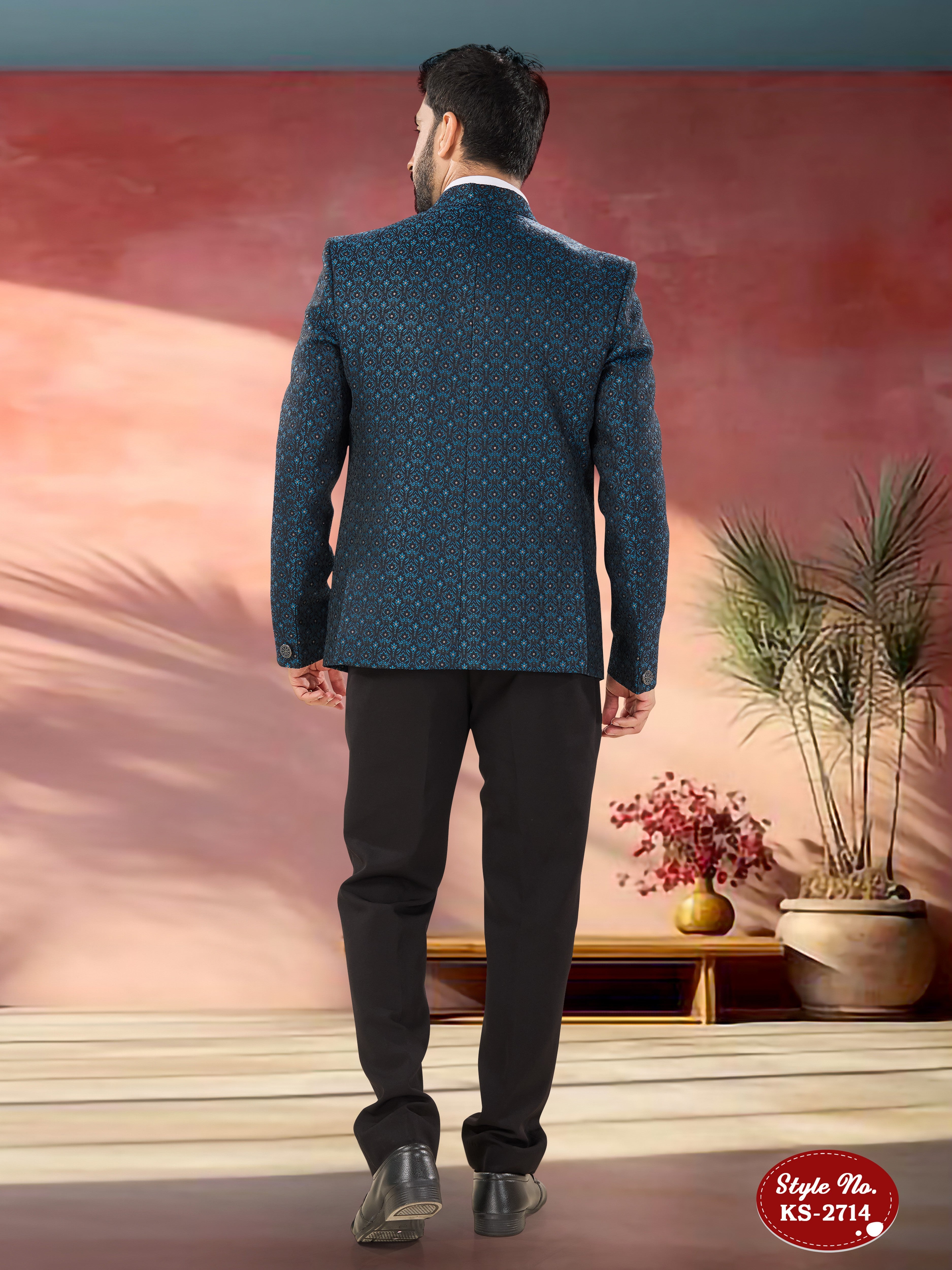 3 PC SUIT IN BLUE TONE WITH SELF-DESIGN