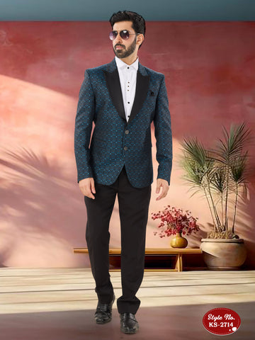 3 PC SUIT IN BLUE TONE WITH SELF-DESIGN