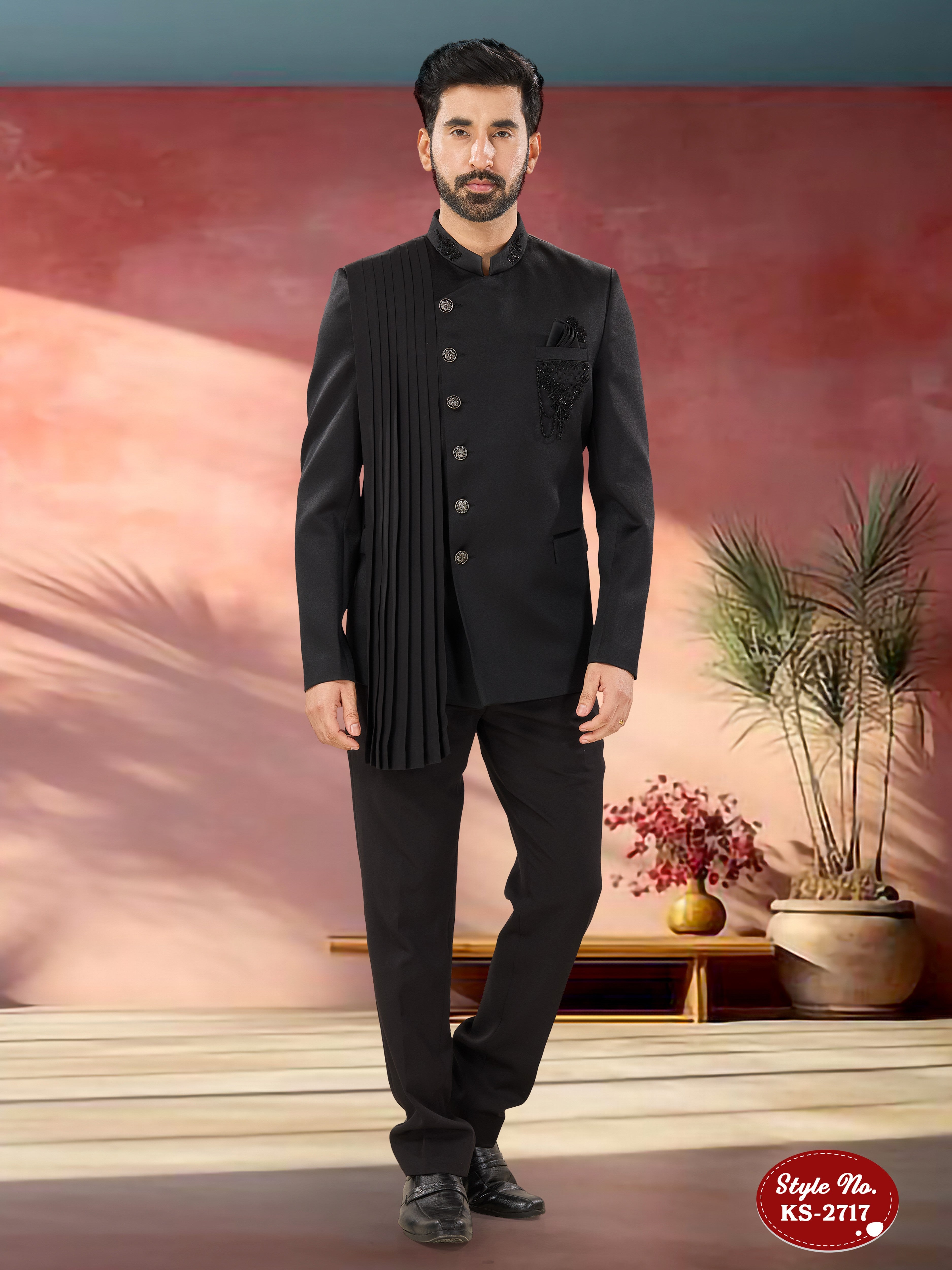 DUPATTA STYLE BANDHGALA SET IN BLACK WITH HAND EMBROIDERY