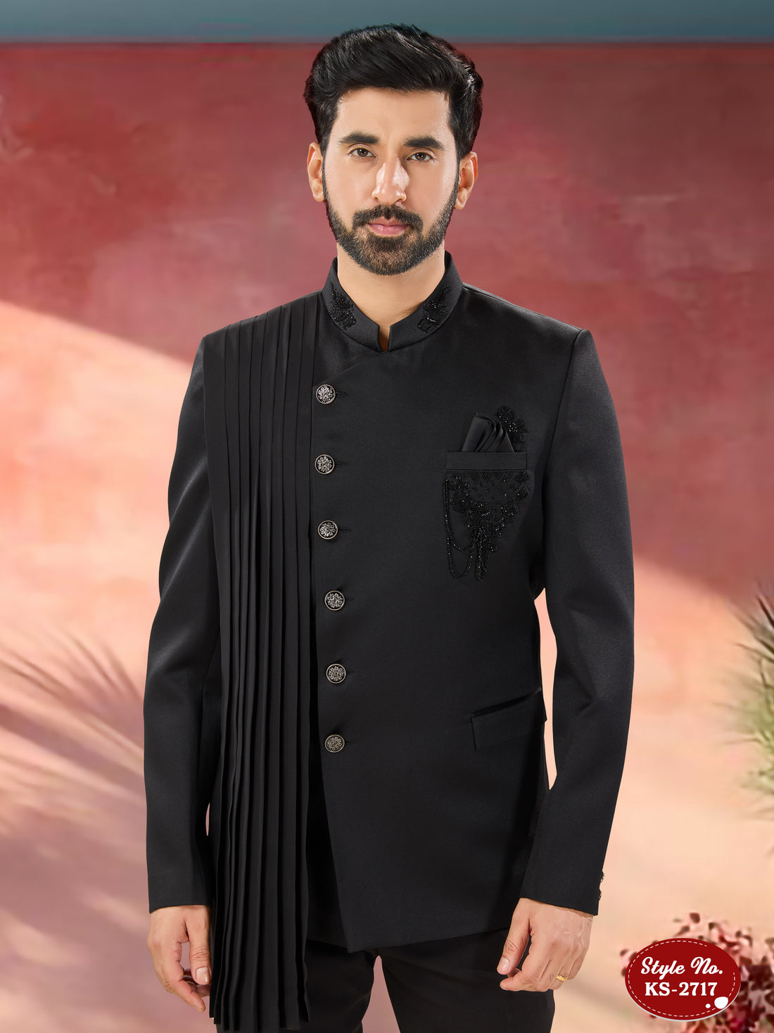 DUPATTA STYLE BANDHGALA SET IN BLACK WITH HAND EMBROIDERY