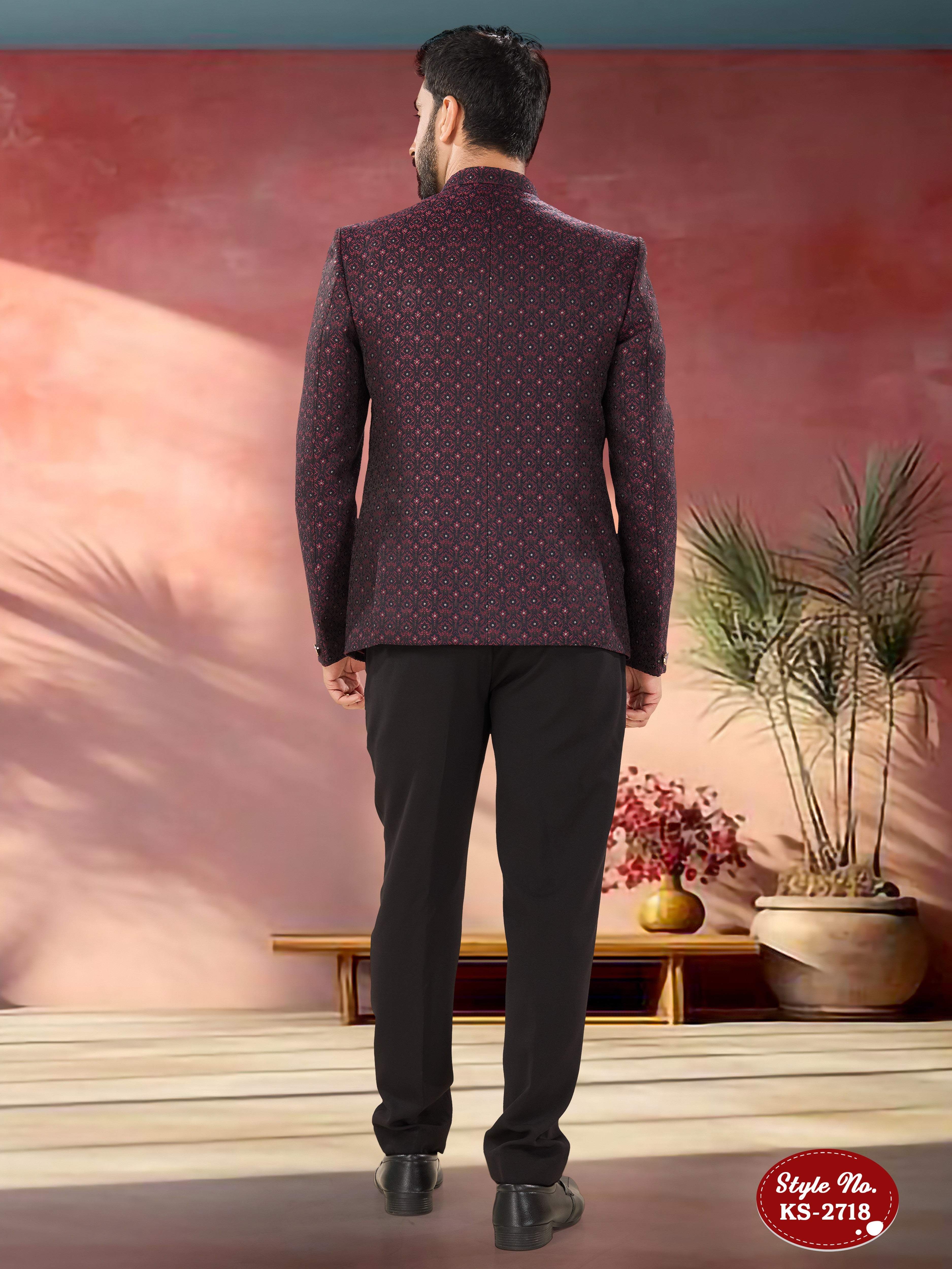 MAROON HUE BANDHGALA SET WITH SELF-DESIGN