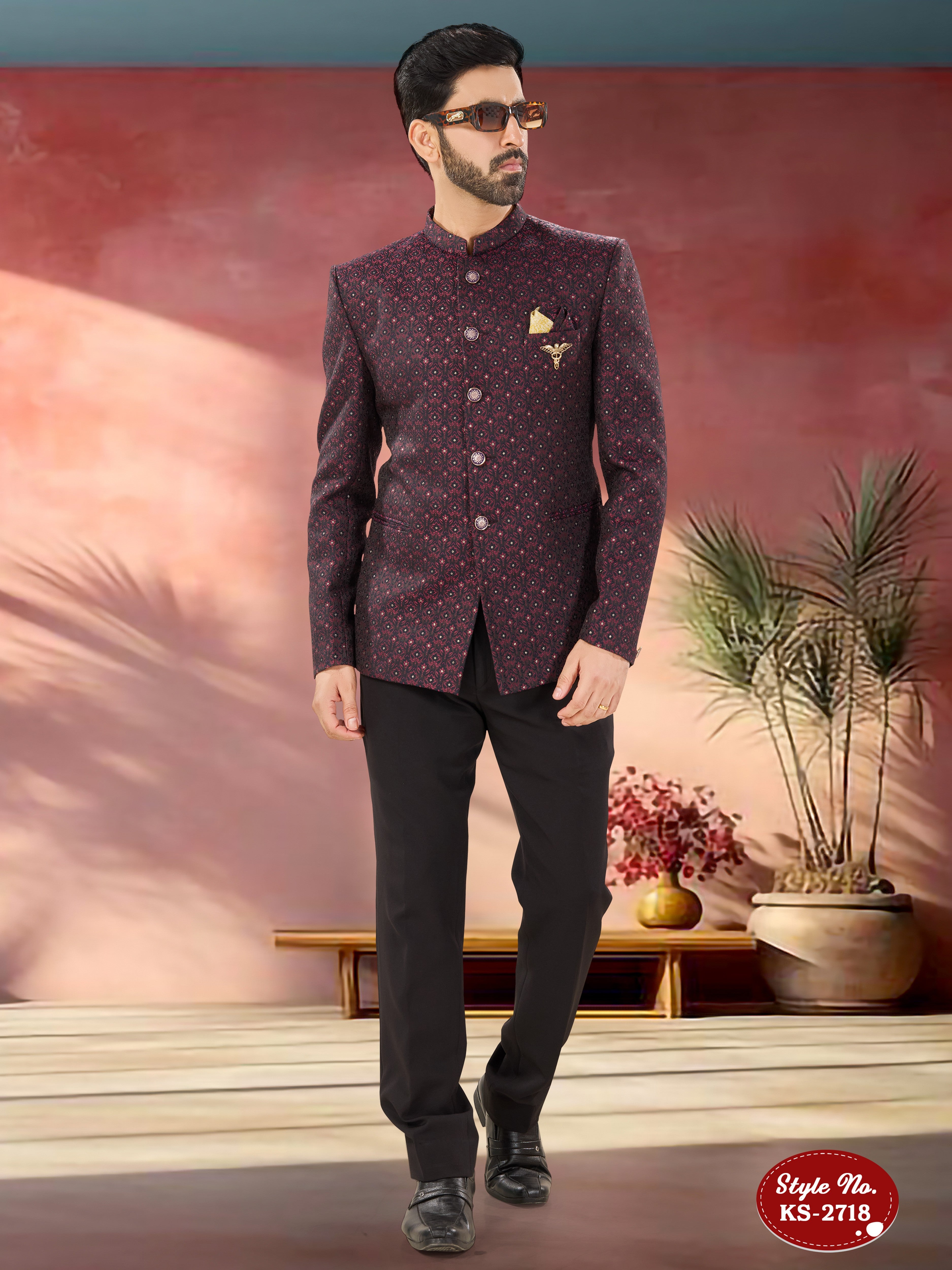 MAROON HUE BANDHGALA SET WITH SELF-DESIGN
