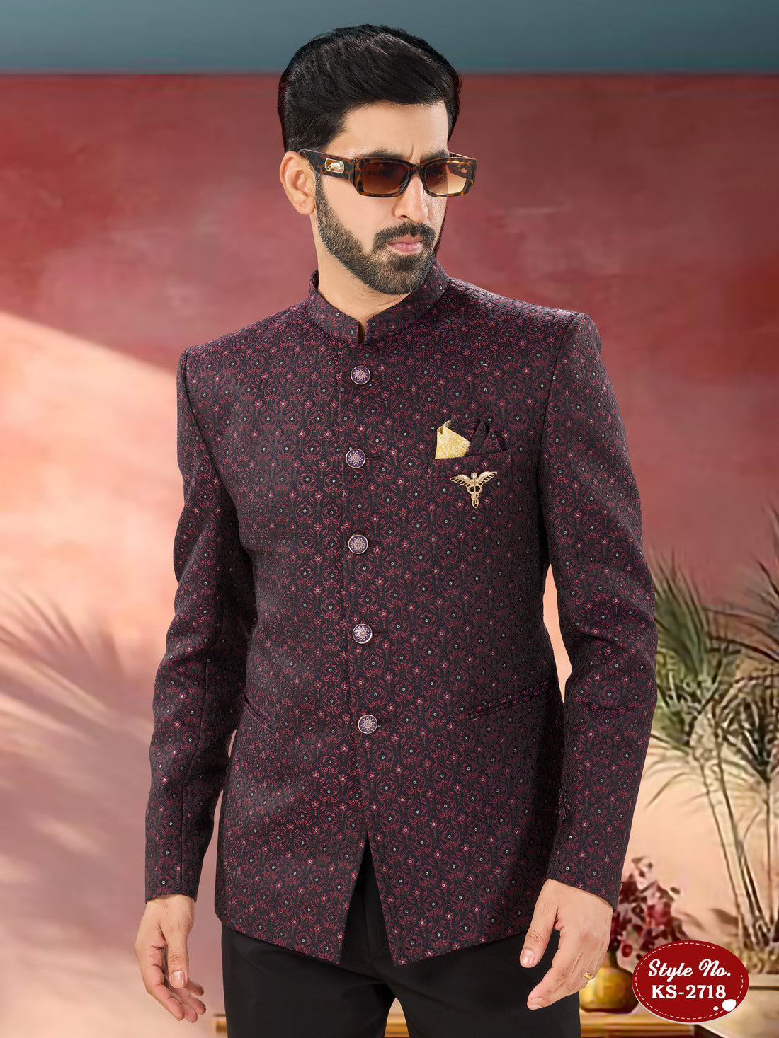 MAROON HUE BANDHGALA SET WITH SELF-DESIGN