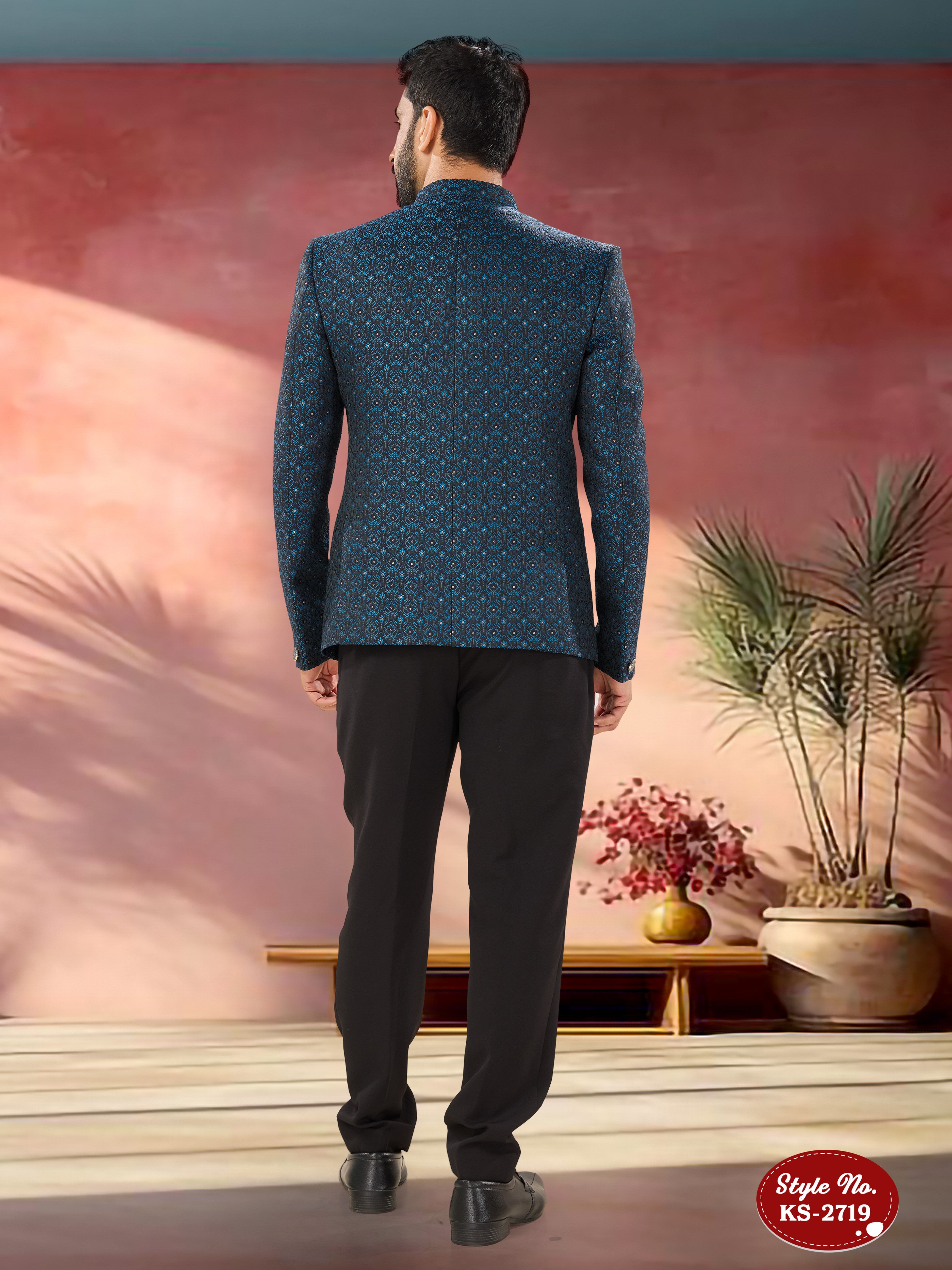 BLUE HUE BANDHGALA SET WITH SELF-DESIGN