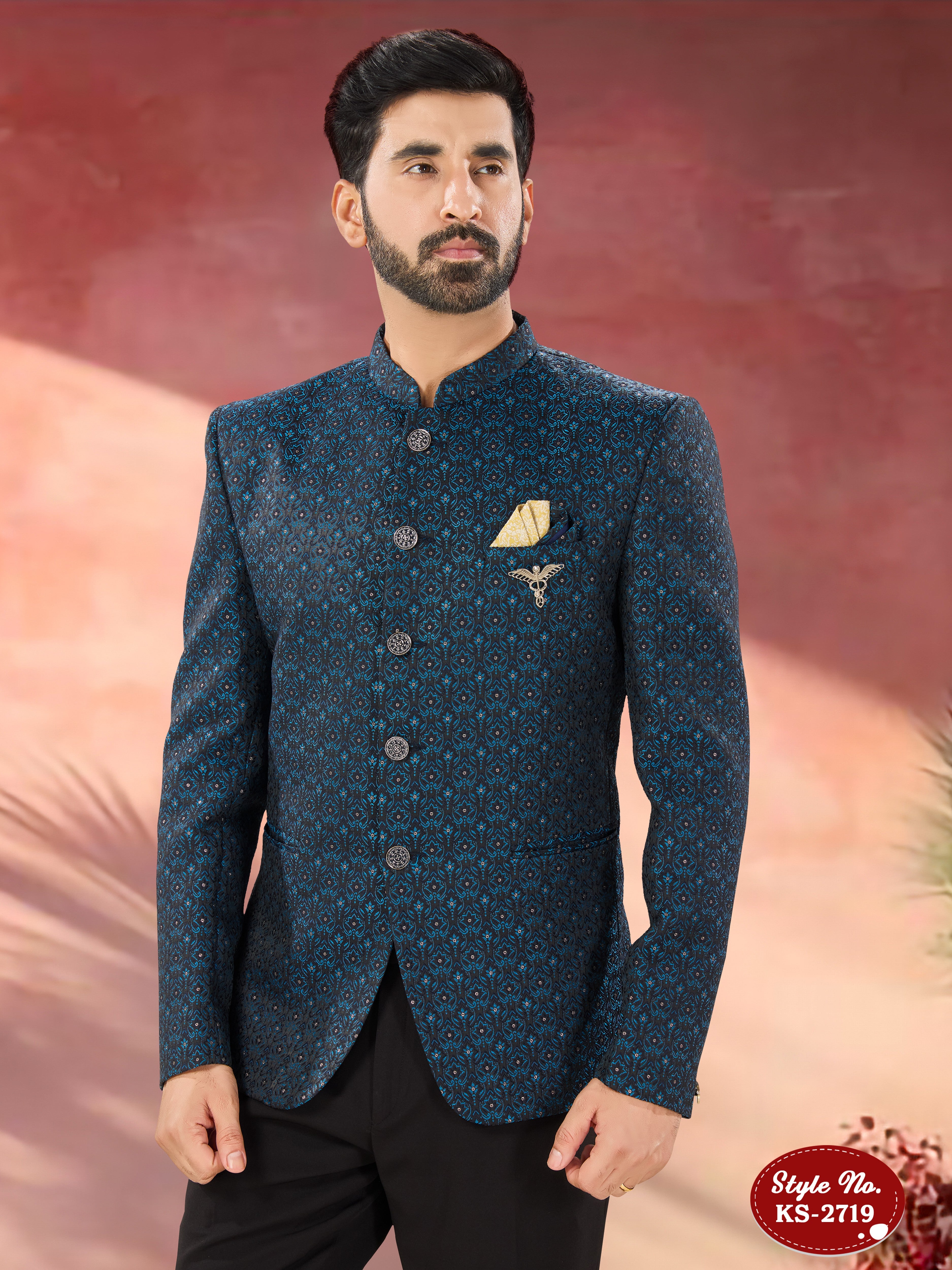 BLUE HUE BANDHGALA SET WITH SELF-DESIGN