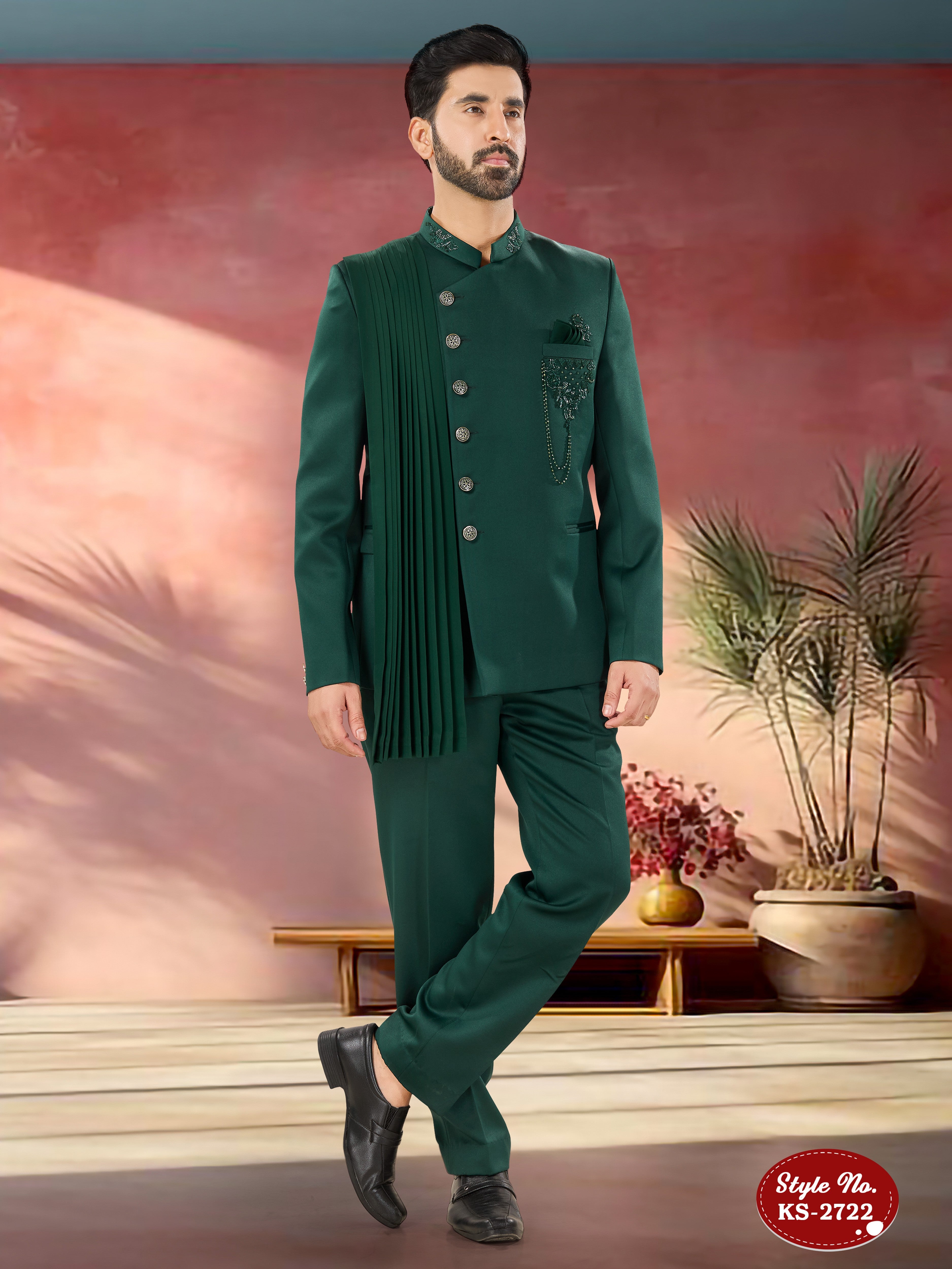 GREEN TONE DUPATTA STYLE BANDHGALA SET WITH HAND EMBROIDERY