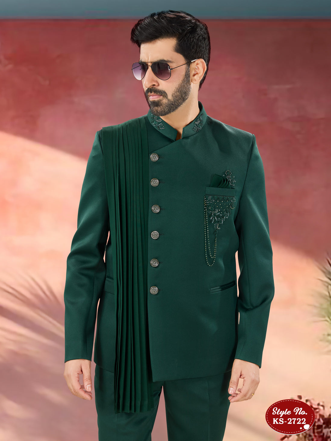 GREEN TONE DUPATTA STYLE BANDHGALA SET WITH HAND EMBROIDERY