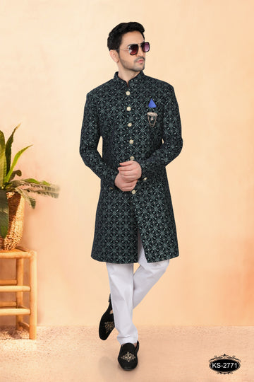 BLUE VELVET INDO-WESTERN SET WITH THREAD EMBROIDERY ALL-OVER