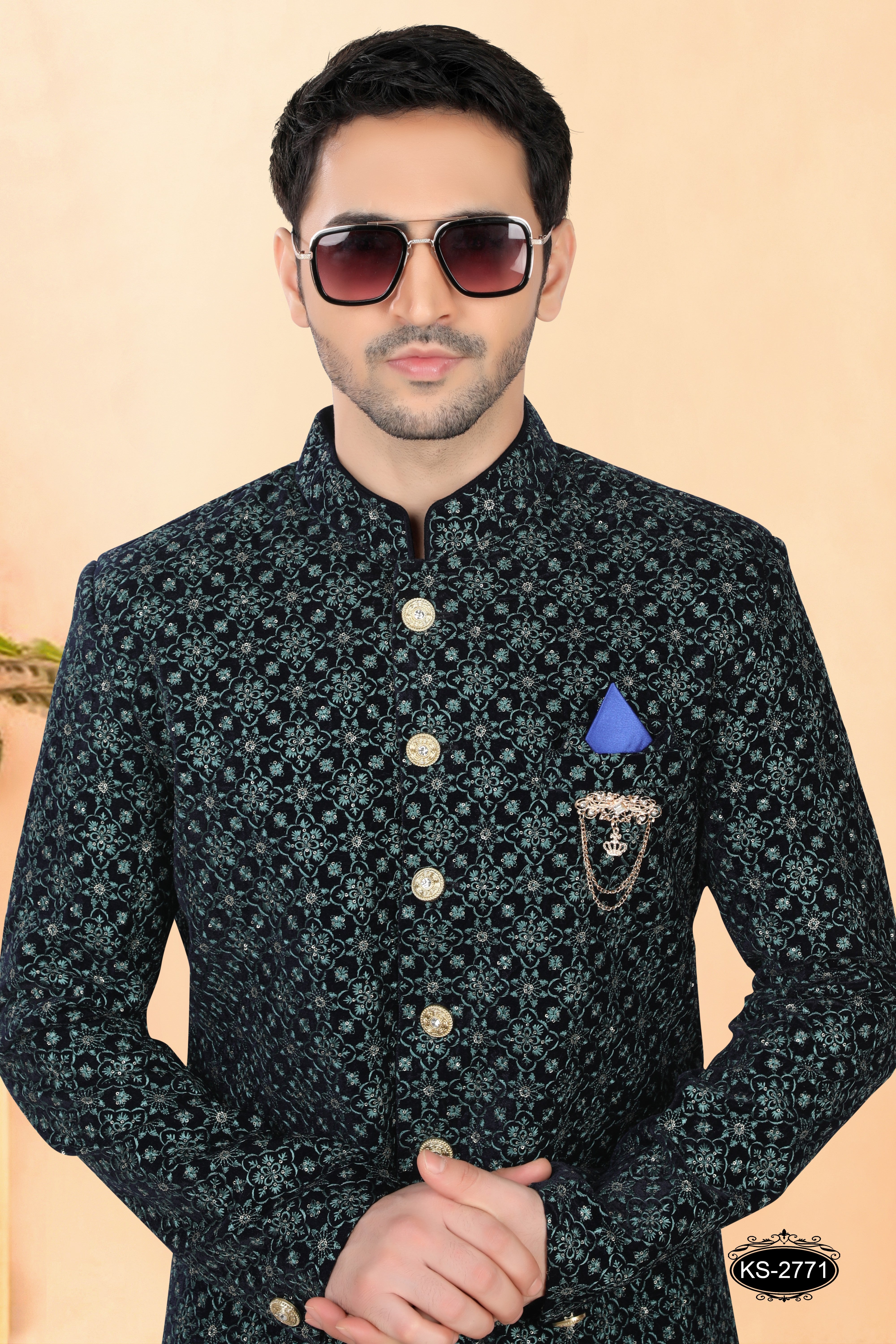 BLUE VELVET INDO-WESTERN SET WITH THREAD EMBROIDERY ALL-OVER