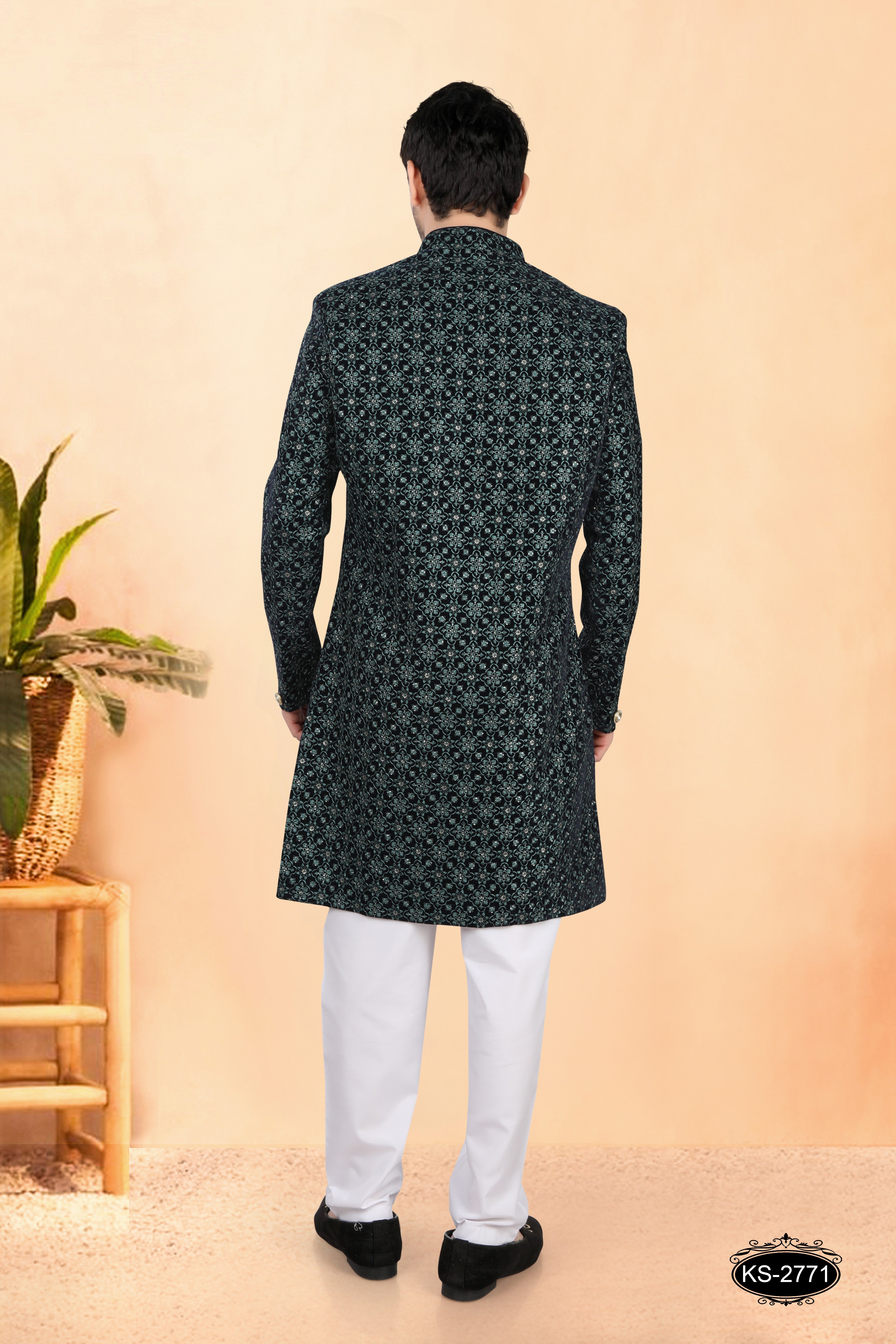 BLUE VELVET INDO-WESTERN SET WITH THREAD EMBROIDERY ALL-OVER