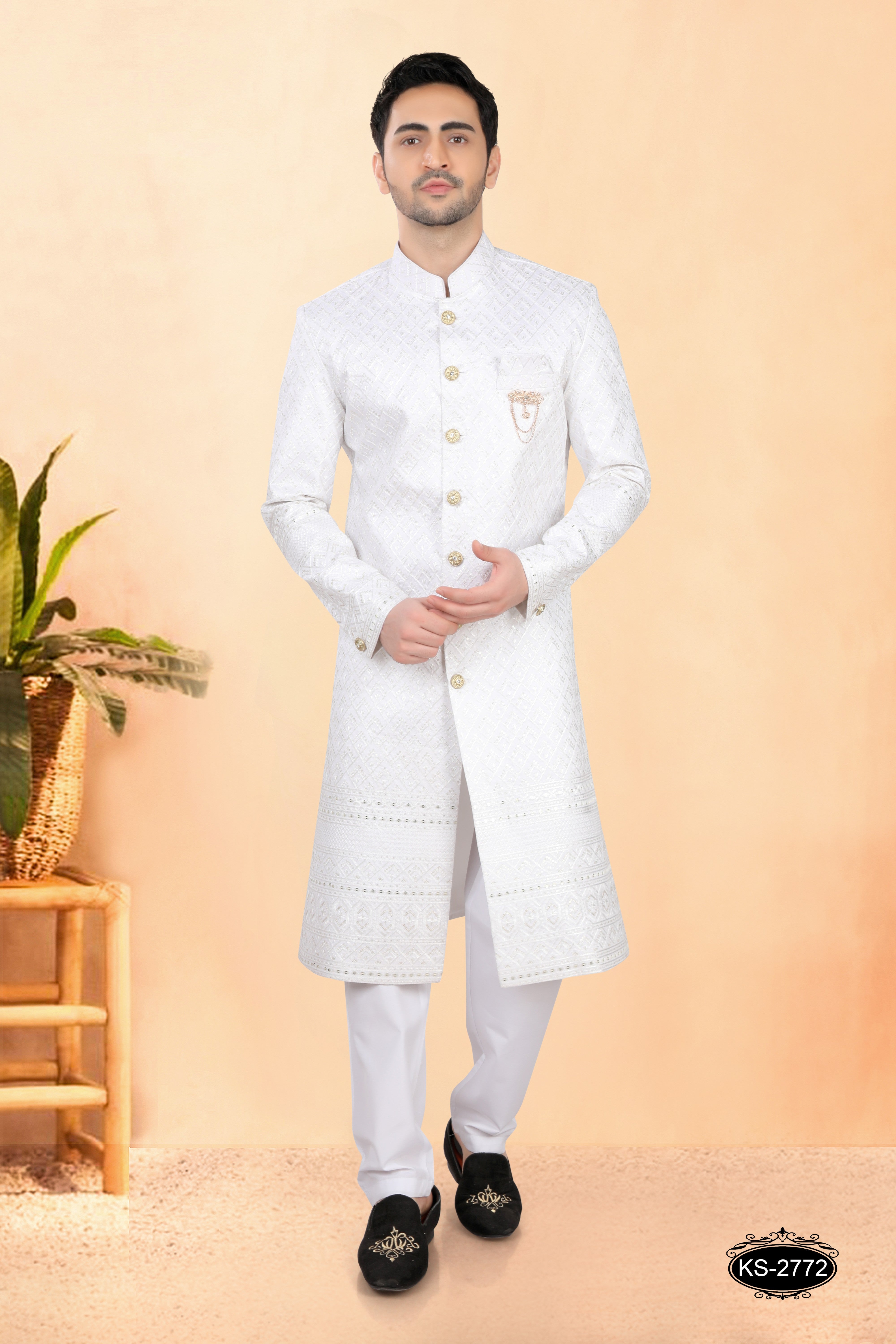 WHITE SHERWANI SET WITH HEAVY PANEL & EMBROIDERY ALL-OVER