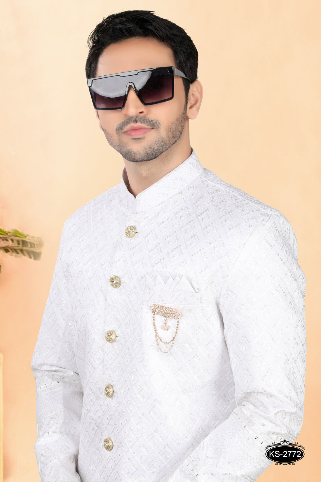 WHITE SHERWANI SET WITH HEAVY PANEL & EMBROIDERY ALL-OVER