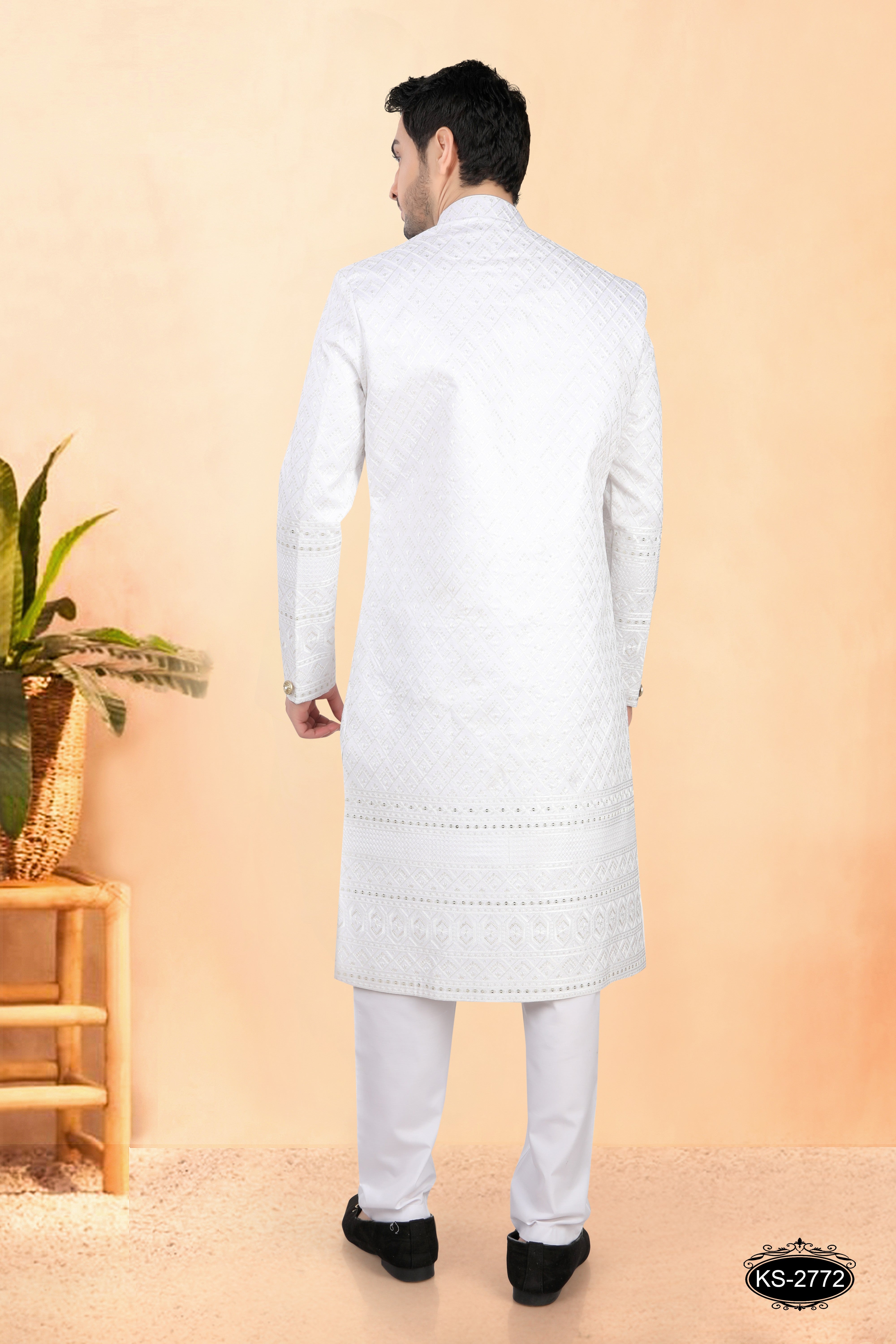 WHITE SHERWANI SET WITH HEAVY PANEL & EMBROIDERY ALL-OVER