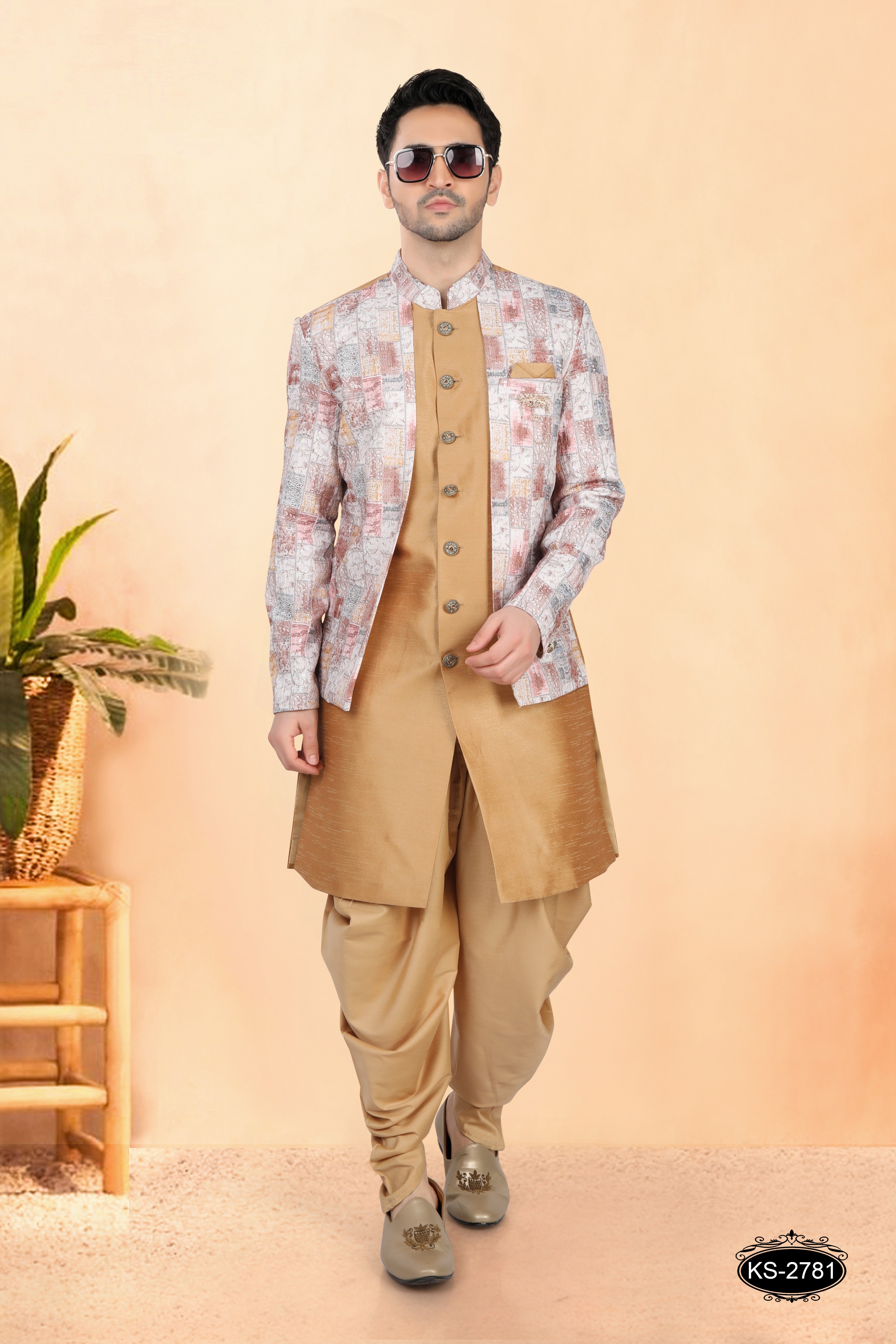 GOLD HUE INDO-WESTERN SET IN JACKET STYLE WITH SELF-DESIGN