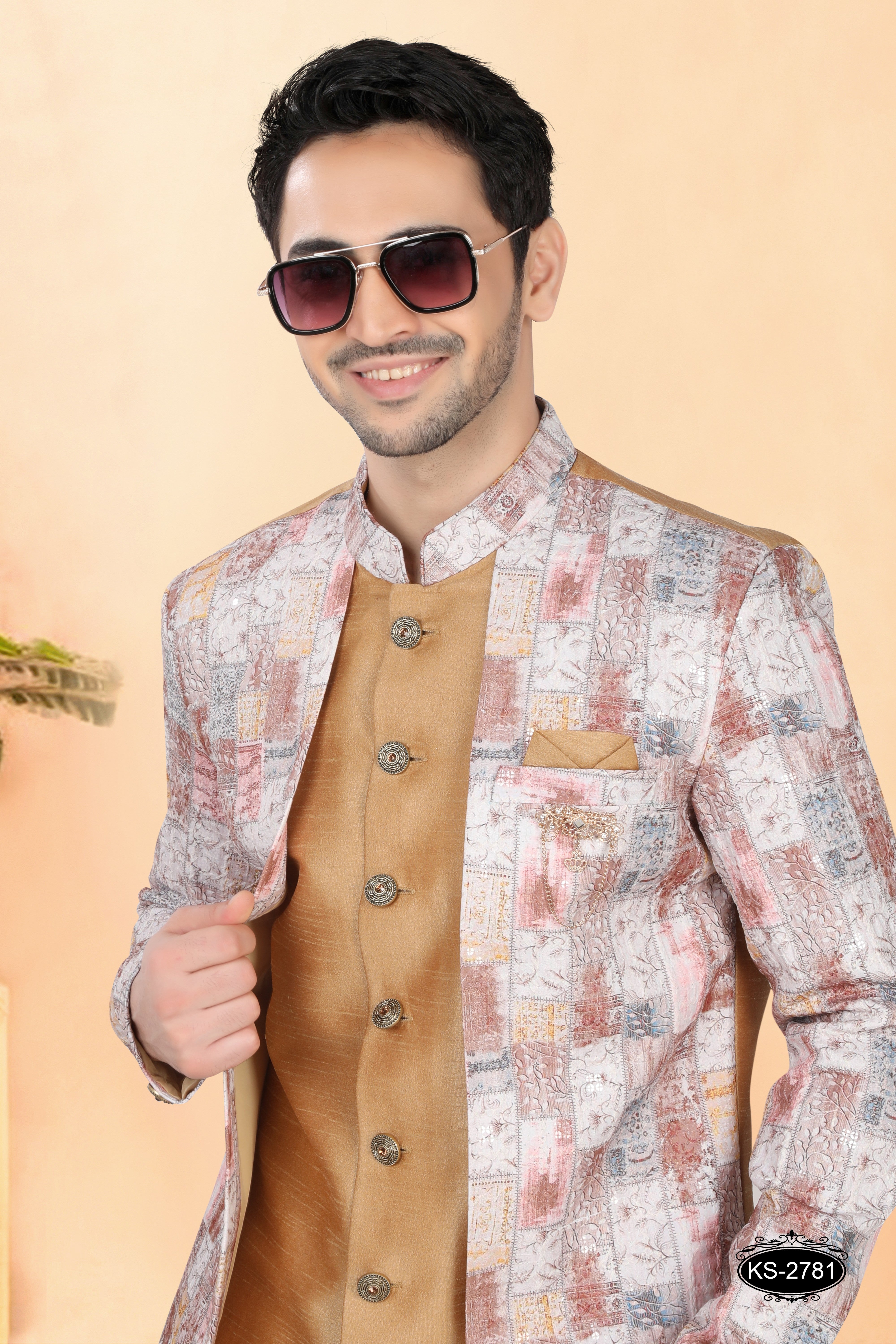 GOLD HUE INDO-WESTERN SET IN JACKET STYLE WITH SELF-DESIGN