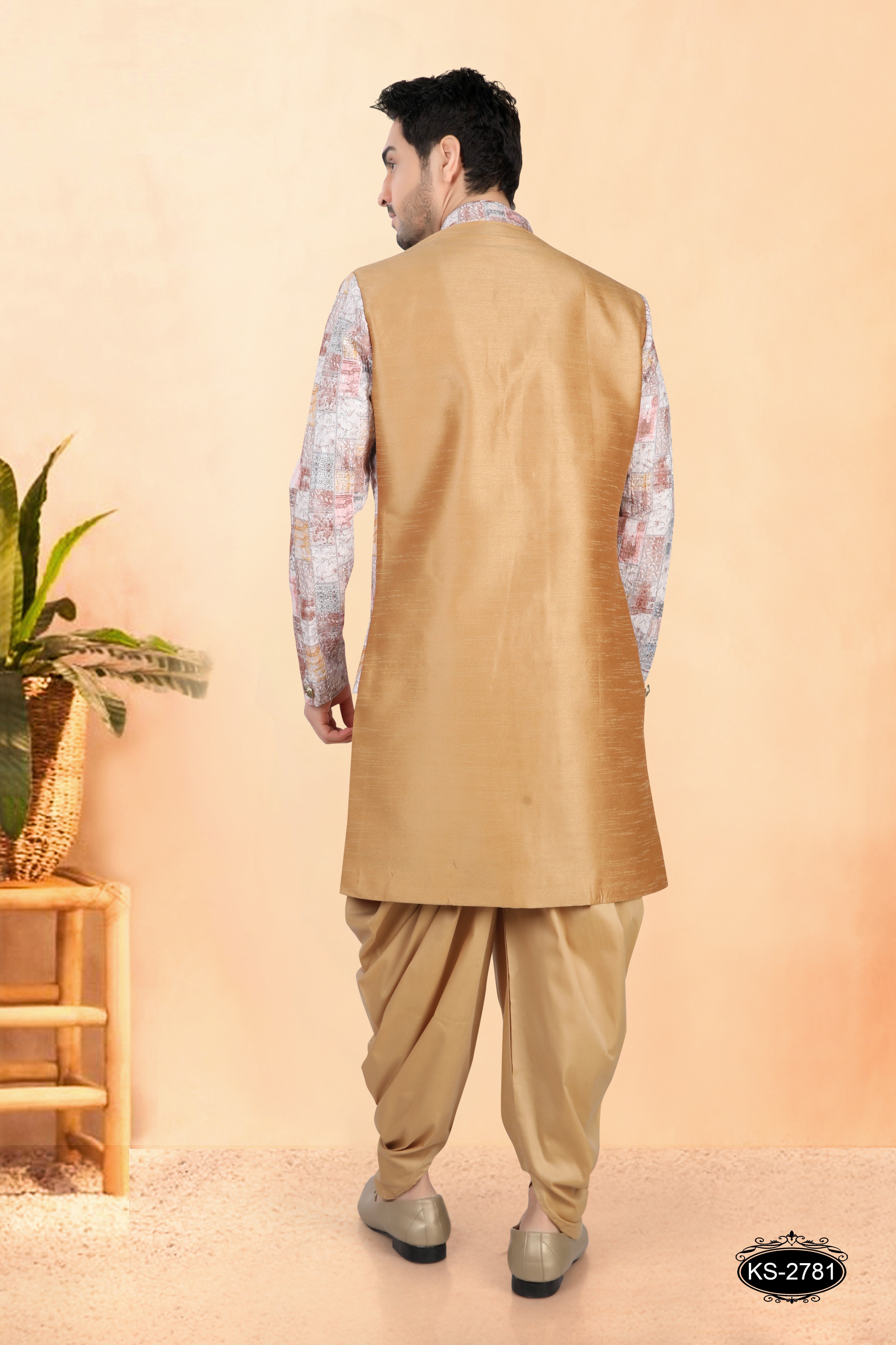 GOLD HUE INDO-WESTERN SET IN JACKET STYLE WITH SELF-DESIGN