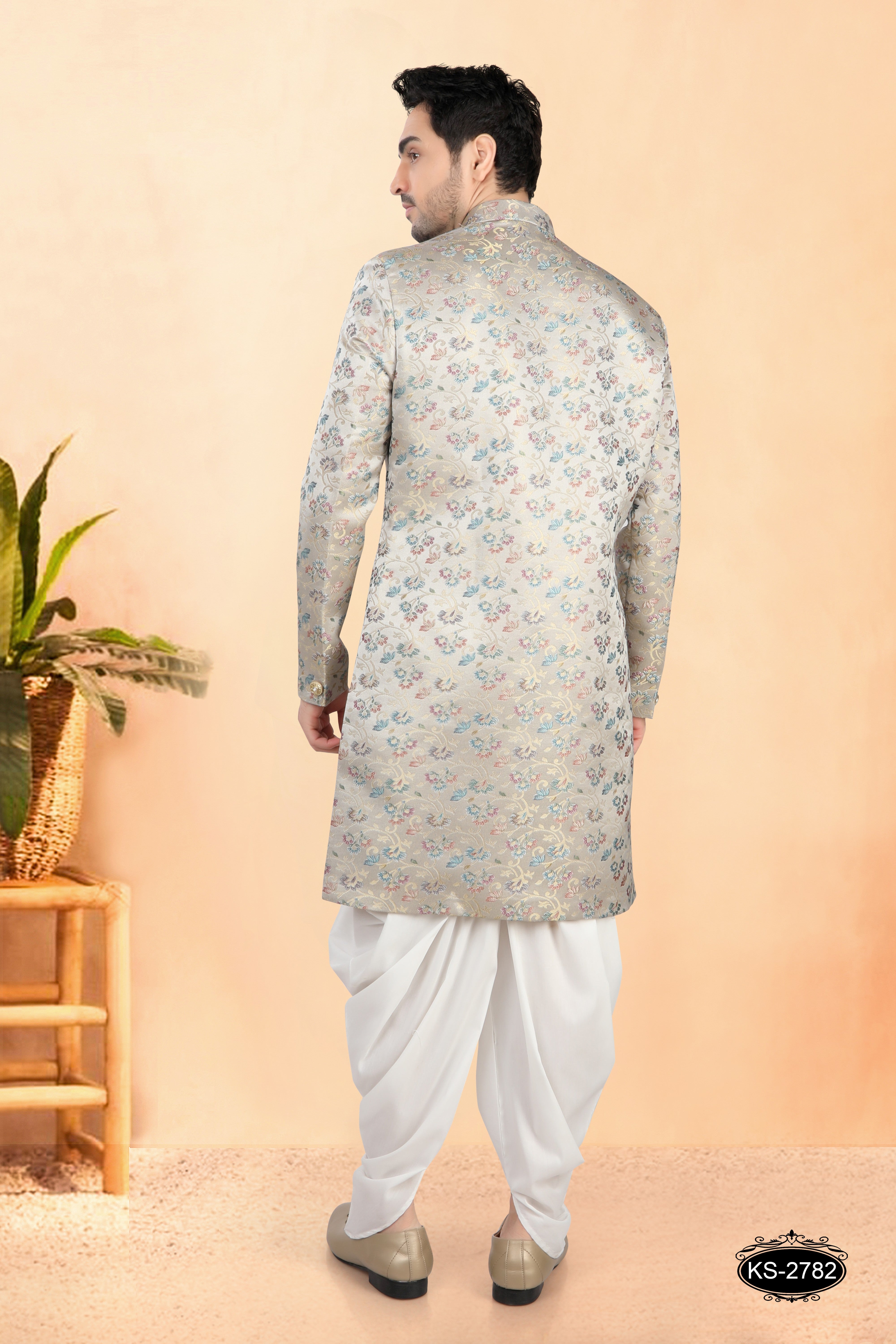 GREY TONE INDO-WESTERN SET WITH MULTI-TONE FLORAL DESIGN
