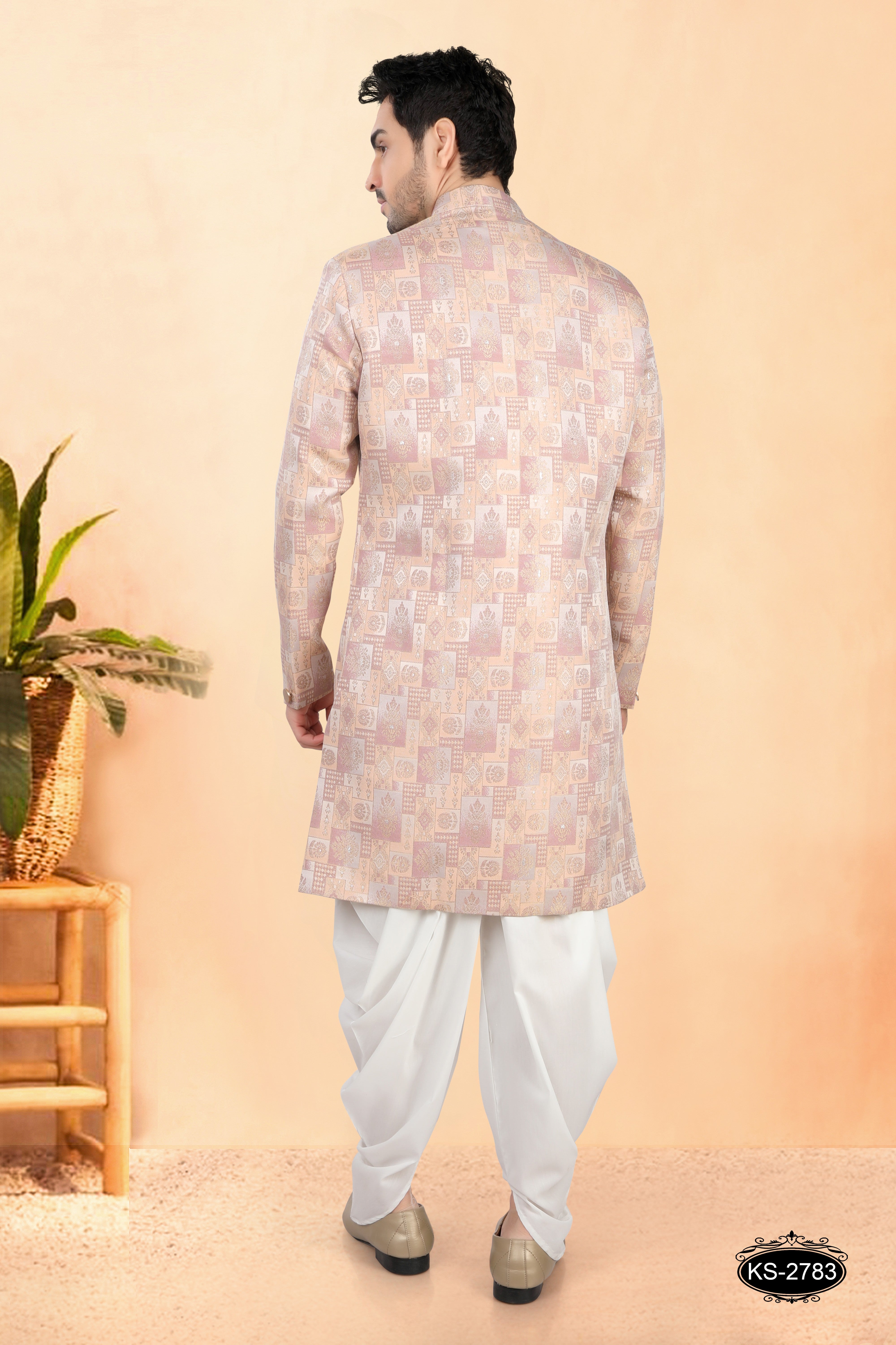 PASTEL-PINK TONE INDO-WESTERN SET WITH SELF-DESIGN , PERFECT FOR WEDDINGS