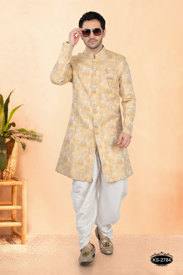 PASTEL-YELLOW HUE INDO-WESTERN SET WITH SELF-DESIGN