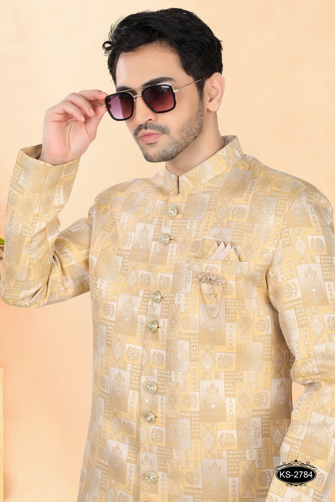 PASTEL-YELLOW HUE INDO-WESTERN SET WITH SELF-DESIGN