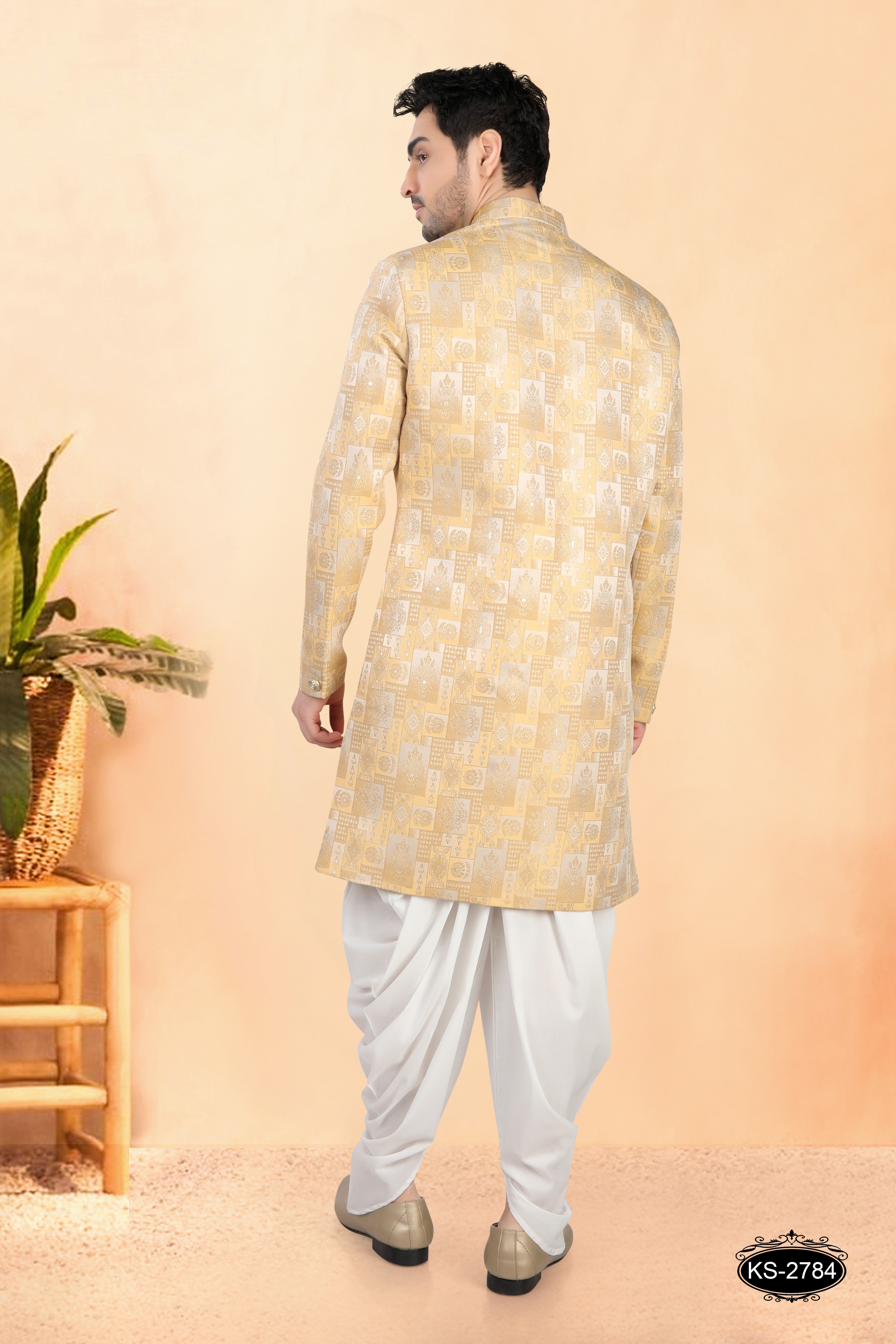 PASTEL-YELLOW HUE INDO-WESTERN SET WITH SELF-DESIGN