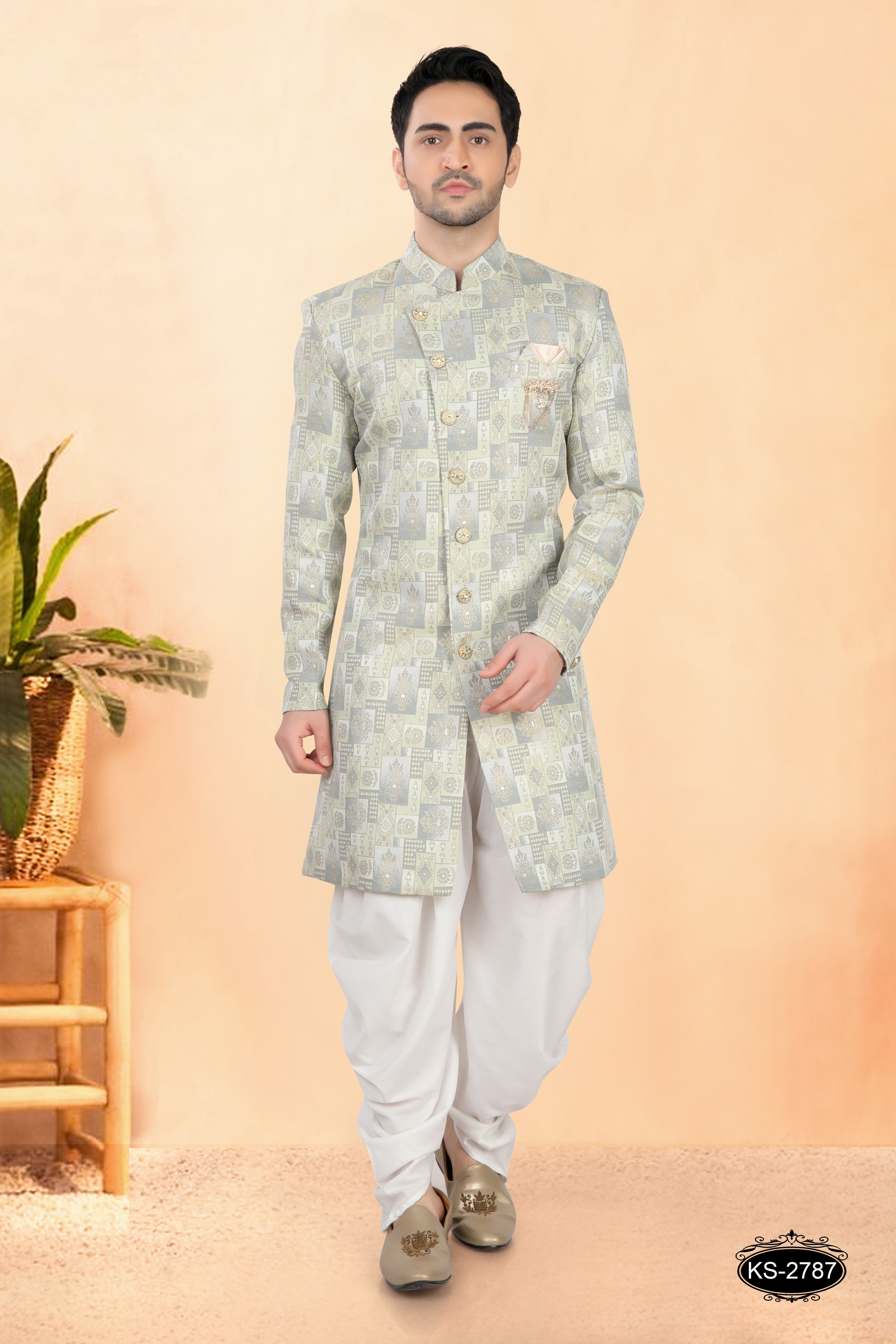 GREEN TONE INDO-WESTERN SET WITH SELF-DESIGN IN UNIQUE STYLE
