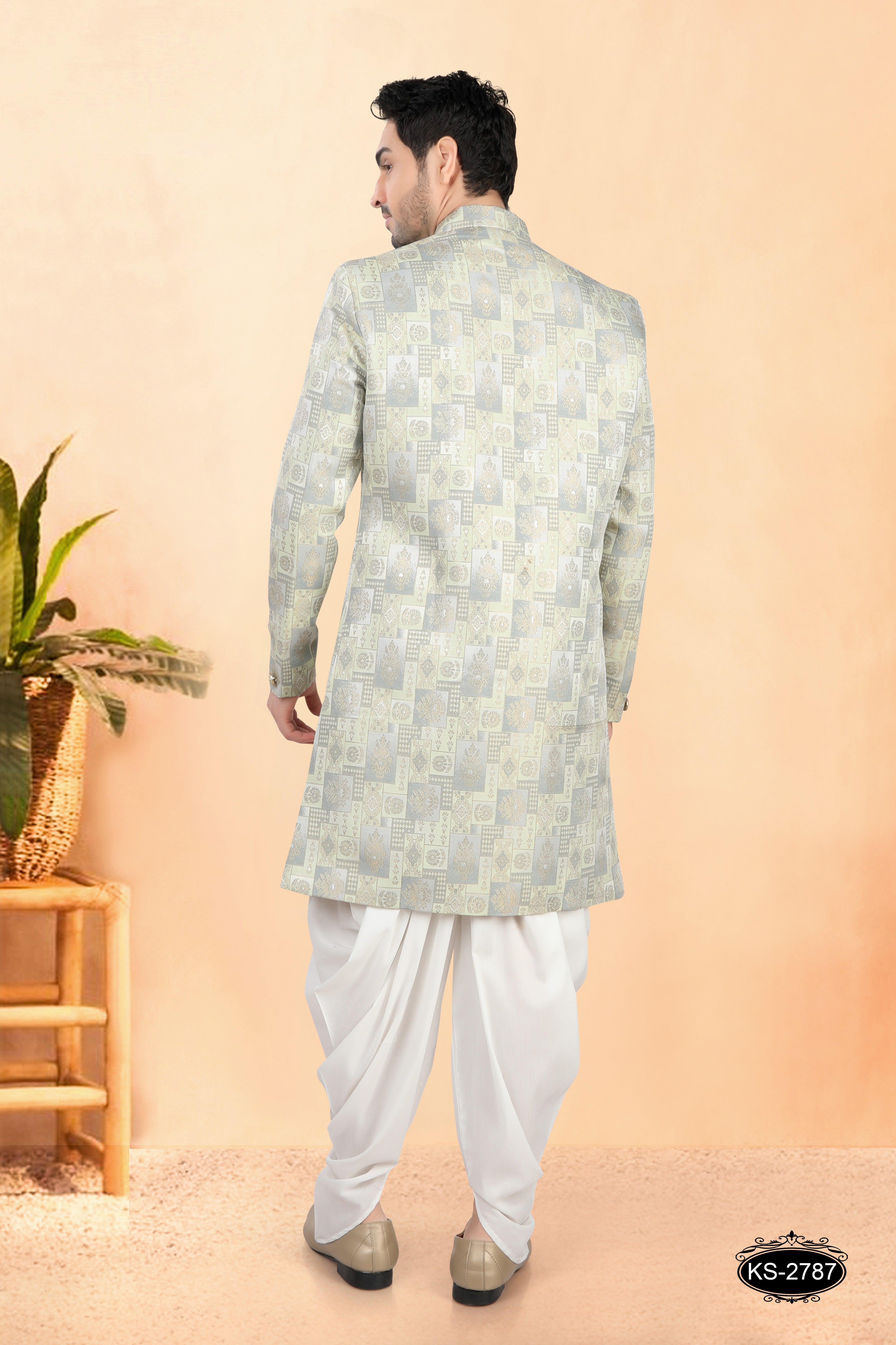 GREEN TONE INDO-WESTERN SET WITH SELF-DESIGN IN UNIQUE STYLE