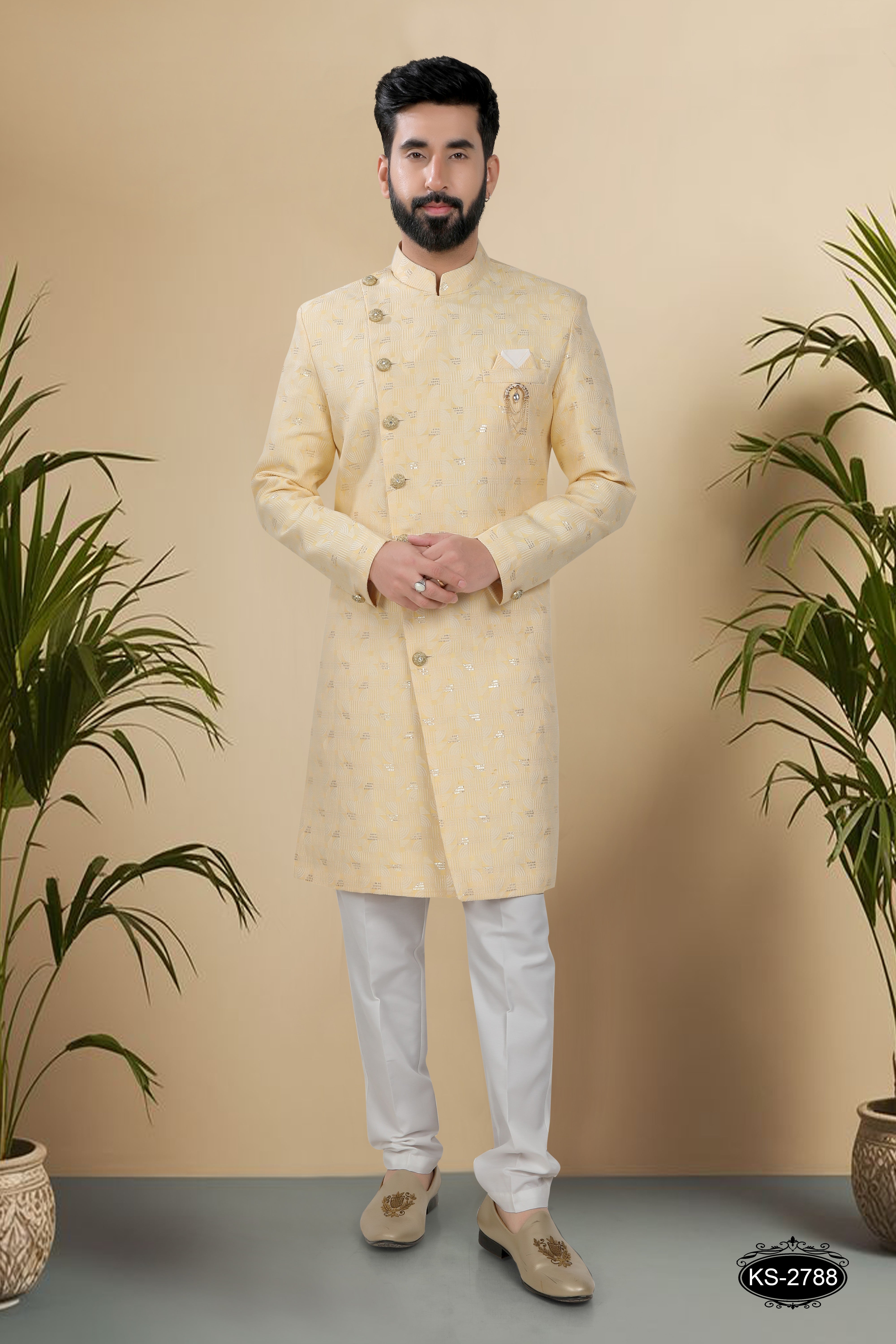 UNIQUE STYLE INDO-WESTERN SET IN YELLOW TONE WITH SELF-DESIGN