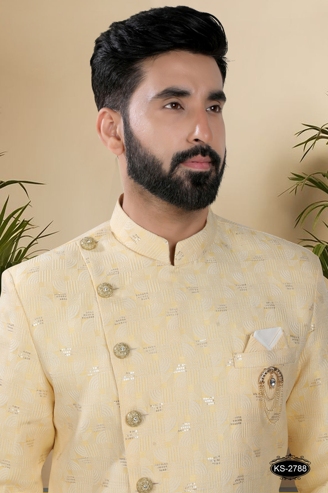 UNIQUE STYLE INDO-WESTERN SET IN YELLOW TONE WITH SELF-DESIGN