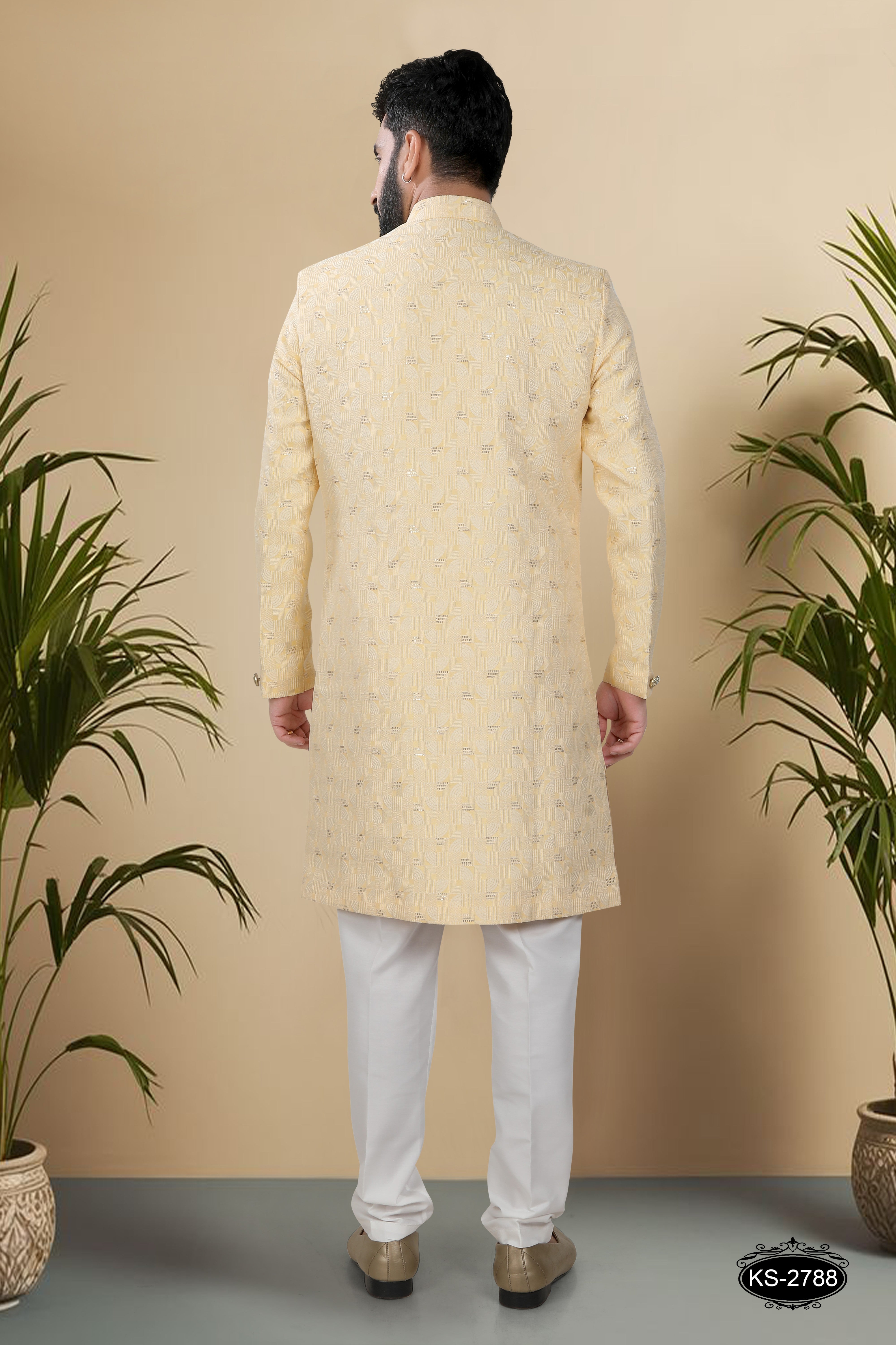 UNIQUE STYLE INDO-WESTERN SET IN YELLOW TONE WITH SELF-DESIGN