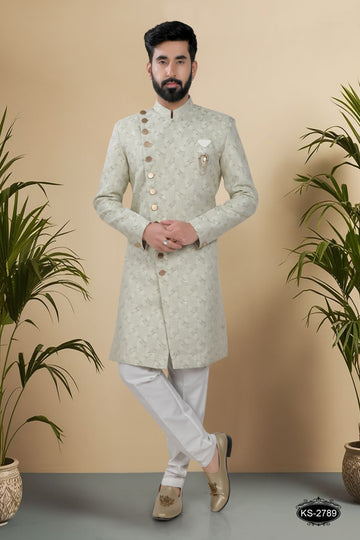 GREEN HUE INDO-WESTERN SET IN UNIQUE PATTERN WITH SELF-DESIGN