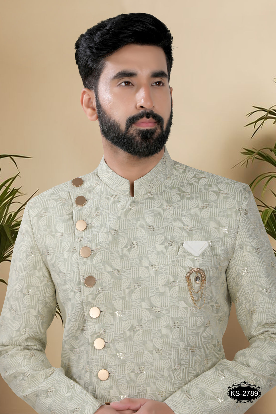 GREEN HUE INDO-WESTERN SET IN UNIQUE PATTERN WITH SELF-DESIGN