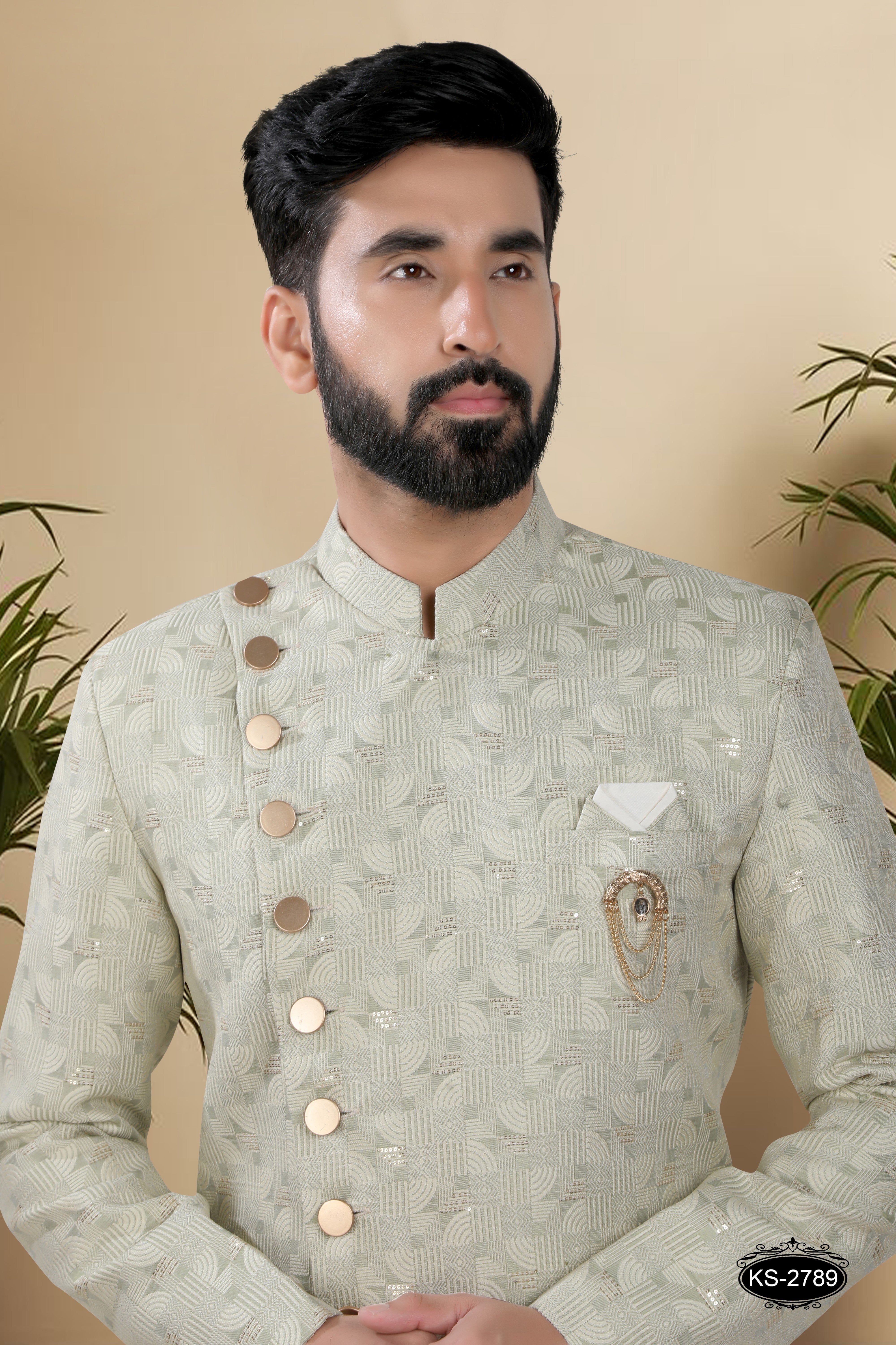 GREEN HUE INDO-WESTERN SET IN UNIQUE PATTERN WITH SELF-DESIGN