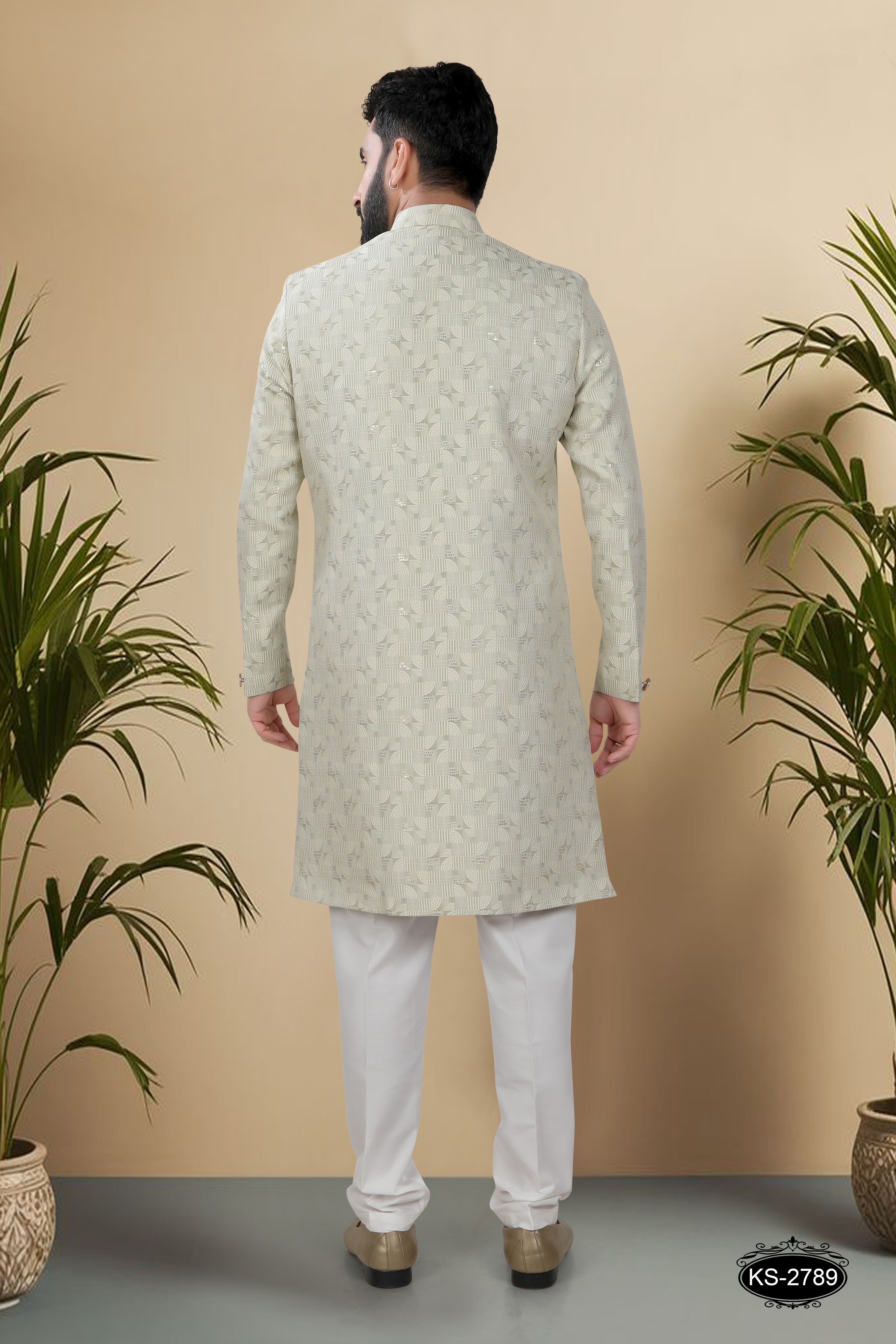 GREEN HUE INDO-WESTERN SET IN UNIQUE PATTERN WITH SELF-DESIGN