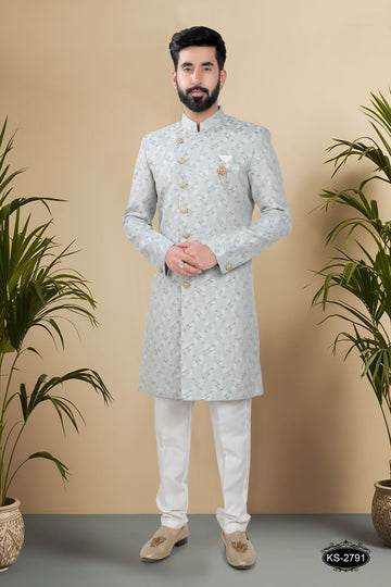 UNIQUE STYLE INDO-WESTERN SET IN BLUE TONE WITH SELF-DESIGN