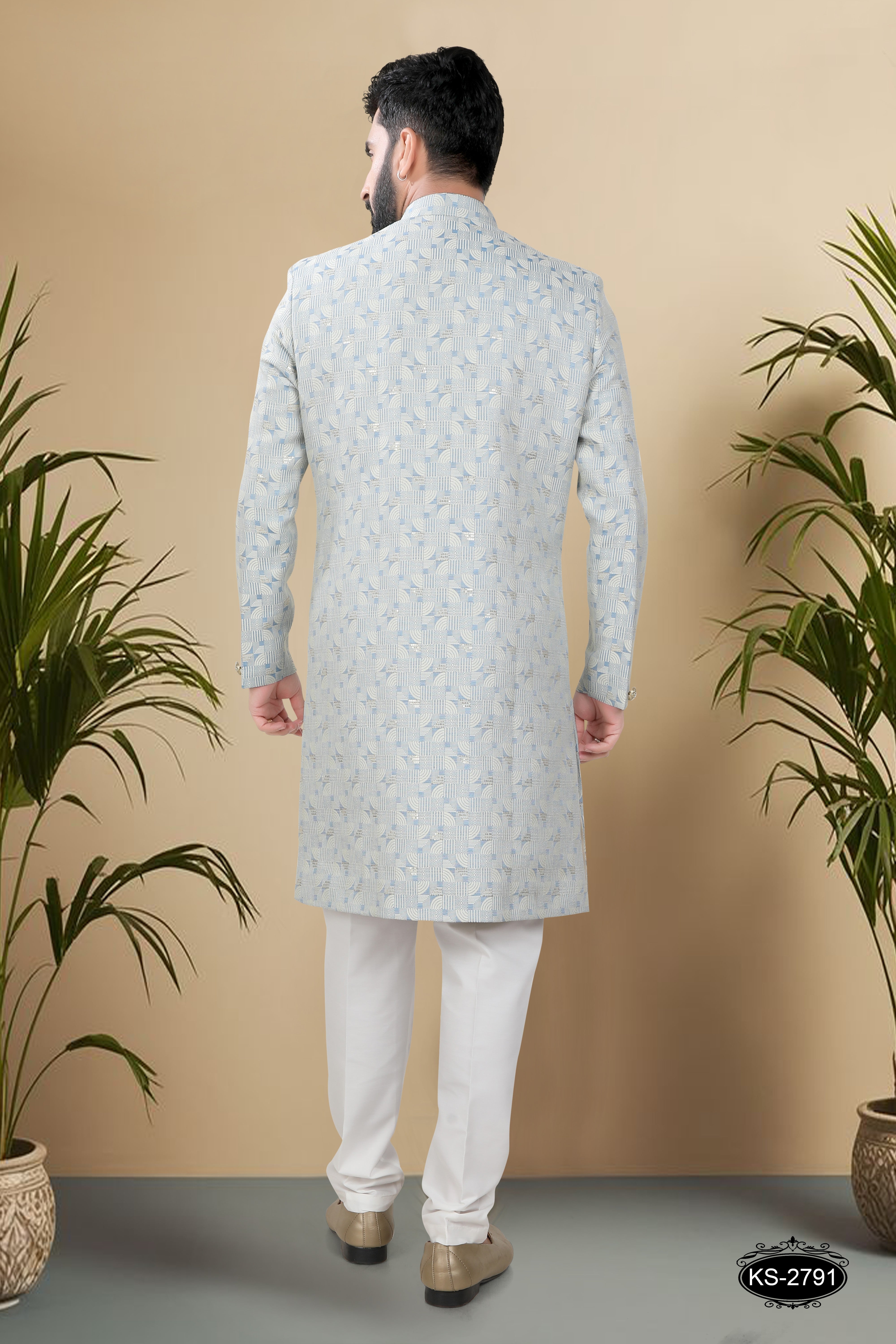 UNIQUE STYLE INDO-WESTERN SET IN BLUE TONE WITH SELF-DESIGN