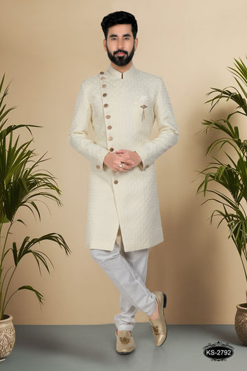 CREAM HUE INDO-WESTERN SET IN UNQIUE PATTERN WITH SELF-DESIGN