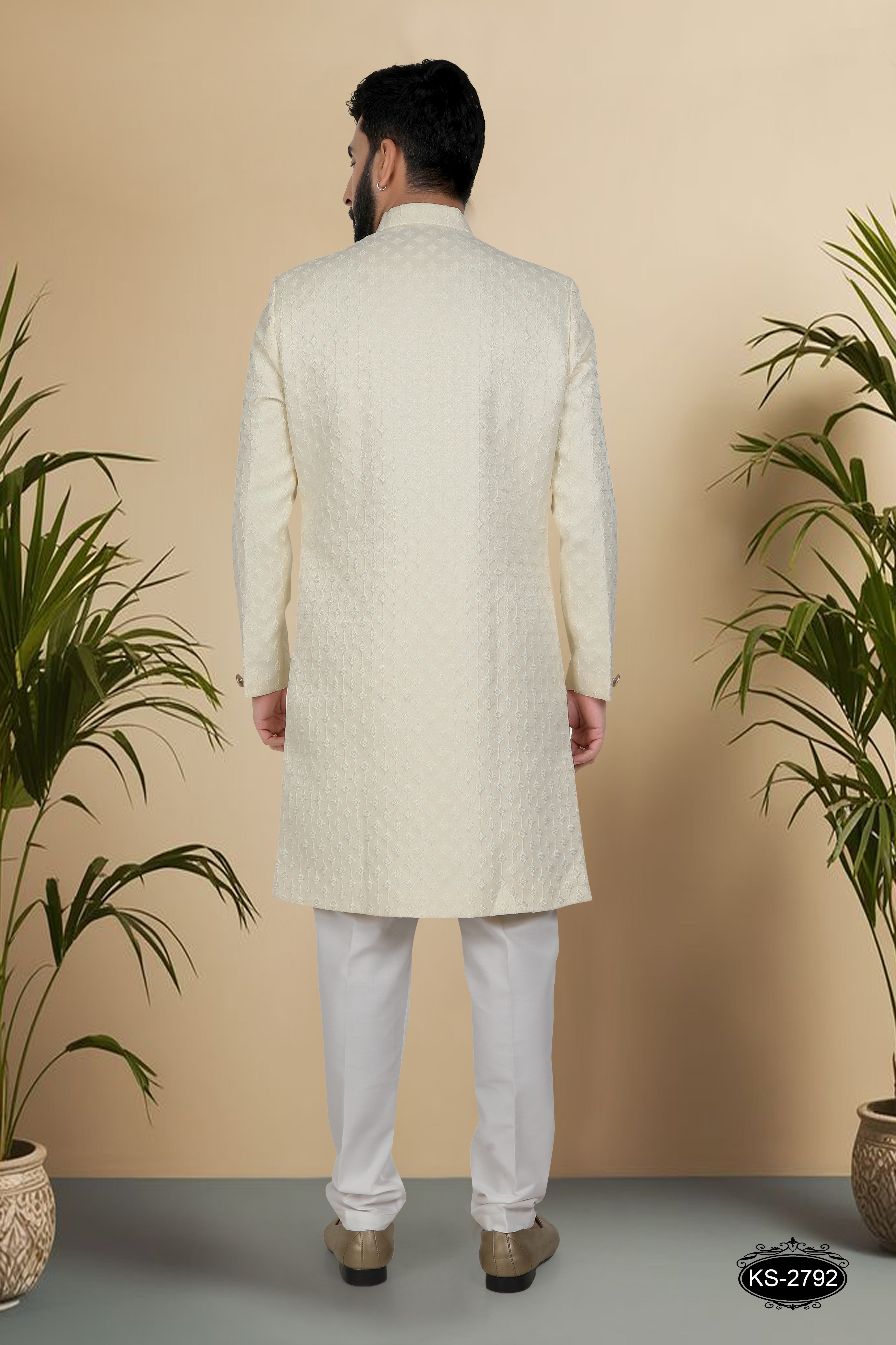 CREAM HUE INDO-WESTERN SET IN UNQIUE PATTERN WITH SELF-DESIGN