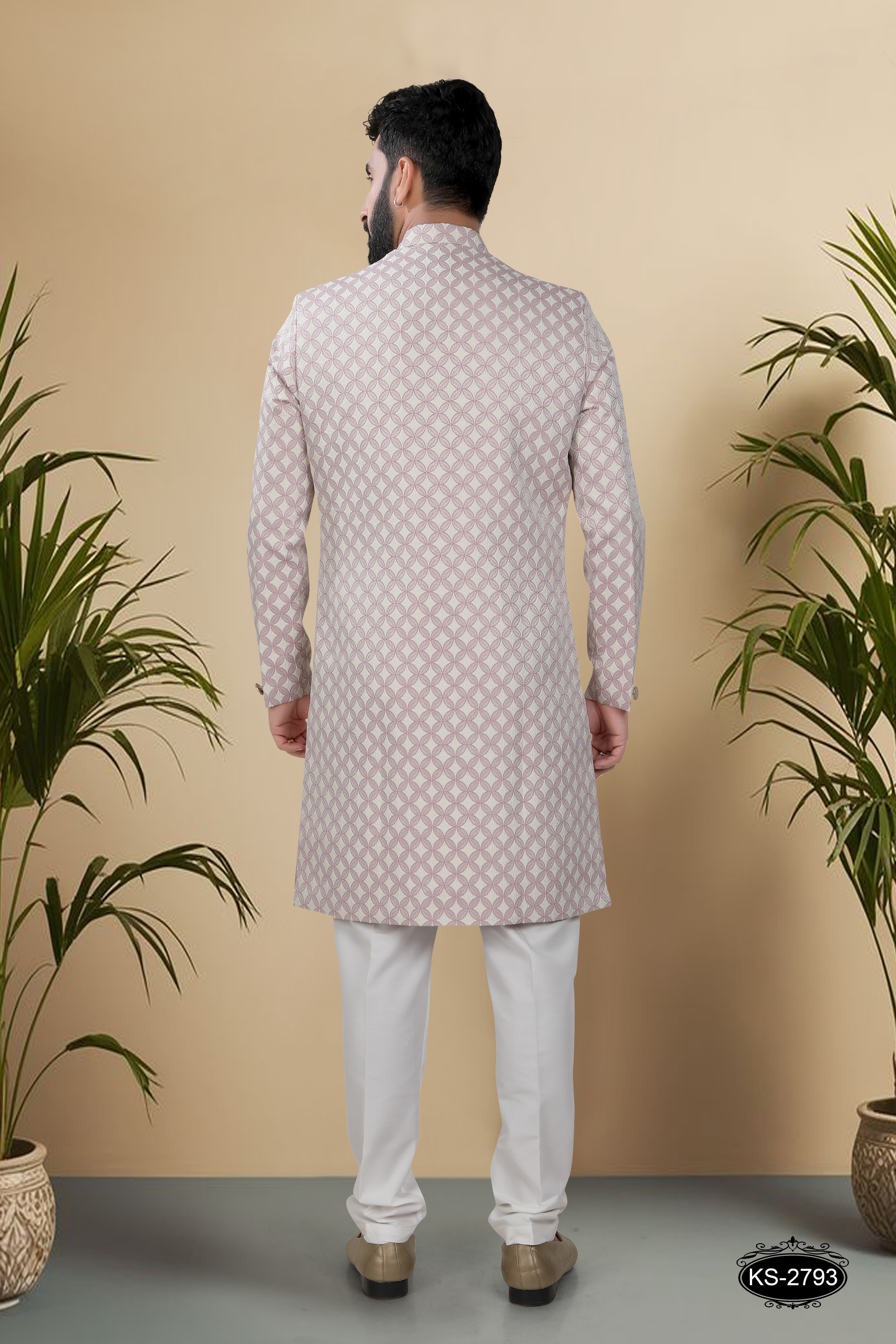 UNIQUE STYLE INDO-WESTERN SET IN ONION-PINK HUE WITH SELF-DESIGN
