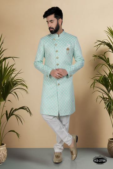 BLUISH-GREEN TONE INDO-WESTERN SET WITH SELF-DESIGN IN UNIQUE PATTERN