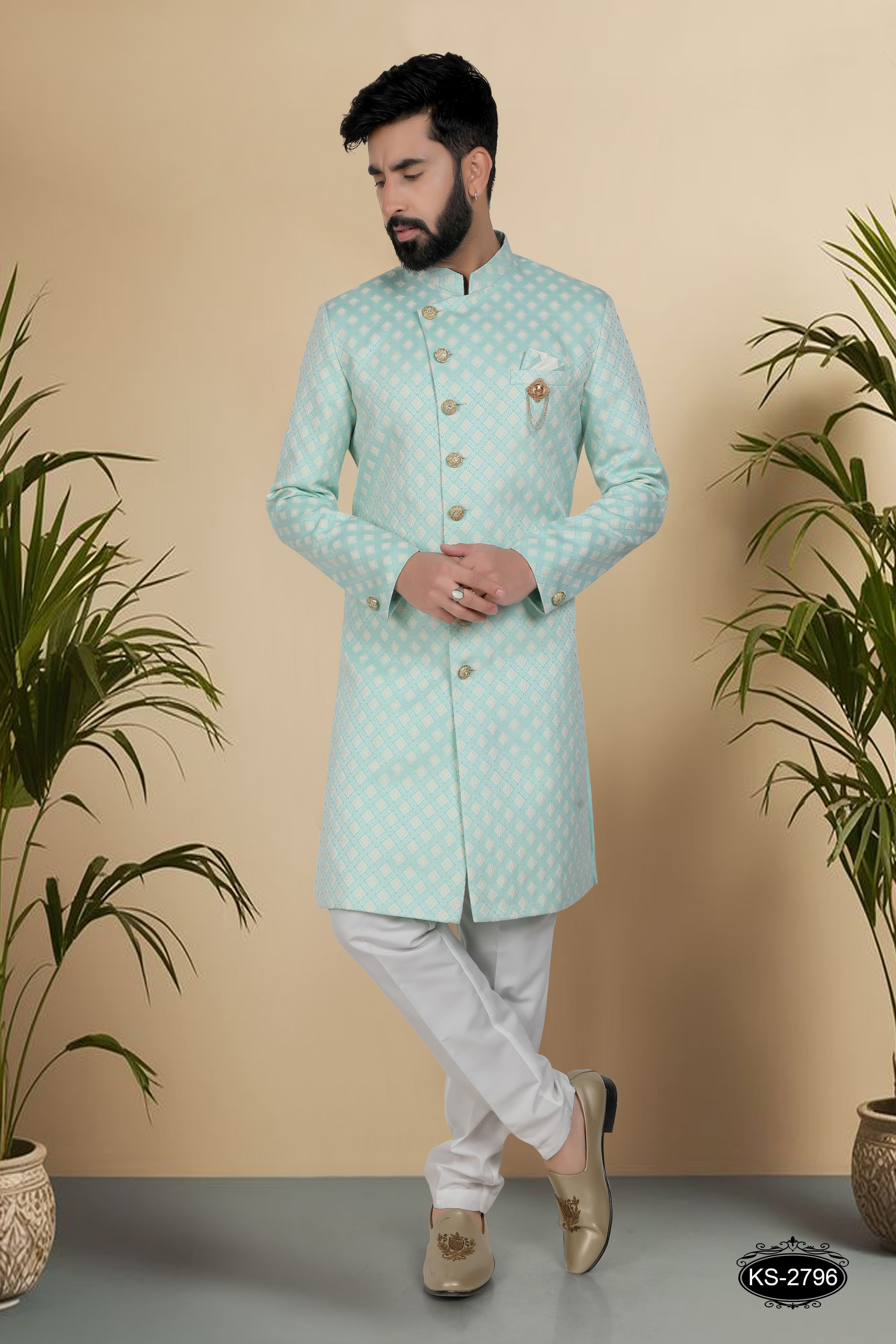 BLUISH-GREEN TONE INDO-WESTERN SET WITH SELF-DESIGN IN UNIQUE PATTERN